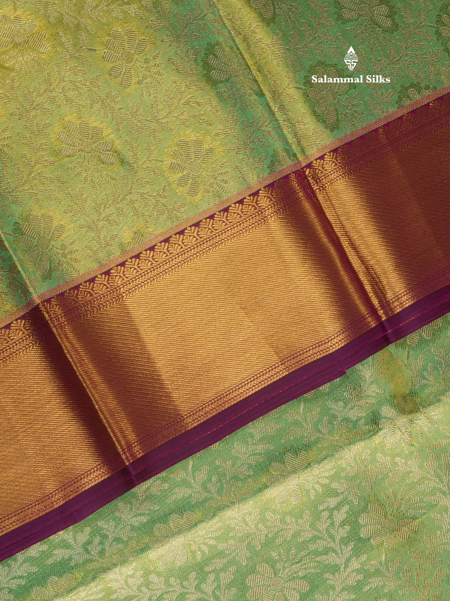 Korvai Elaichi Green Beautiful Tissue Bridal Pure Silk Saree With Magenta Border