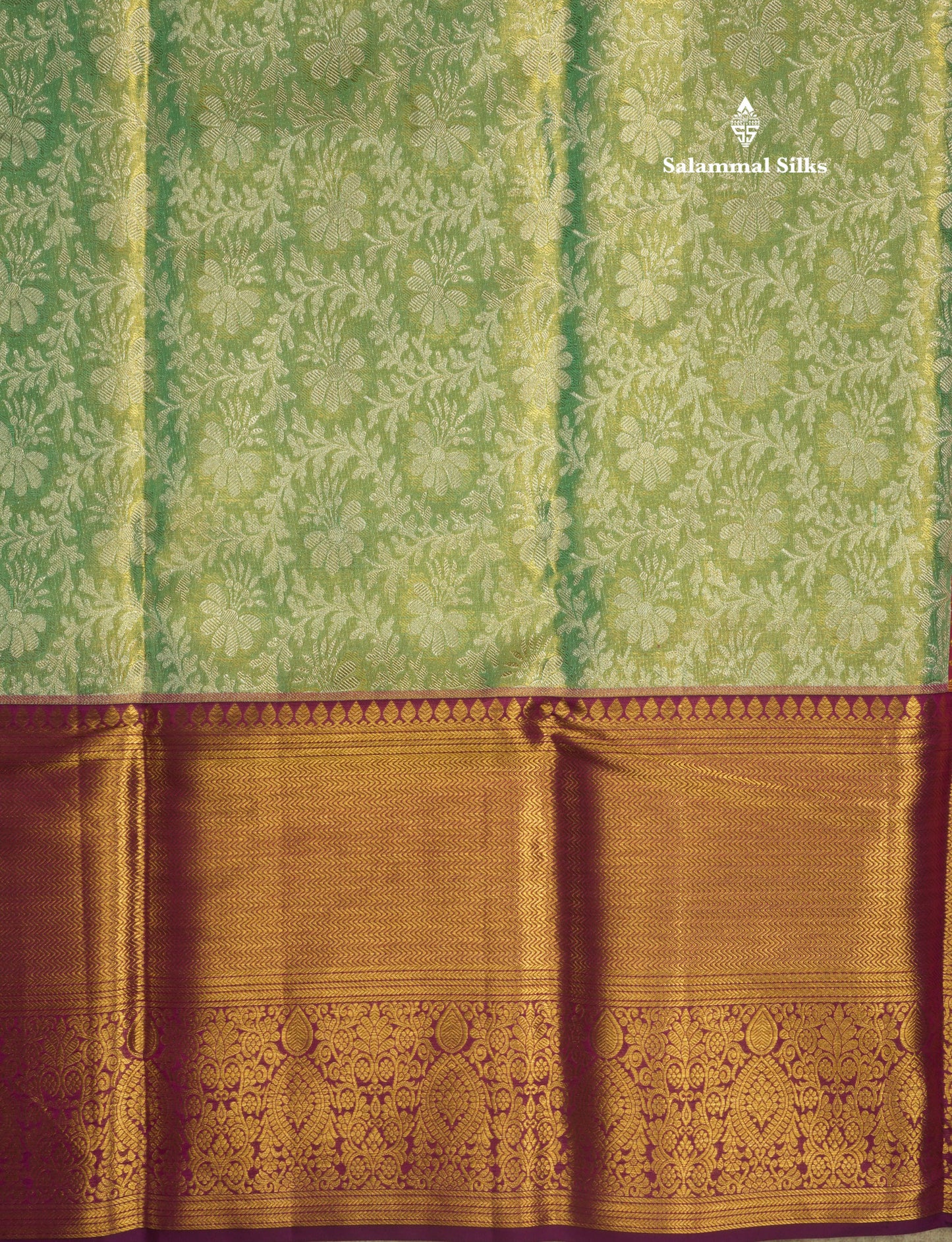 Korvai Elaichi Green Beautiful Tissue Bridal Pure Silk Saree With Magenta Border
