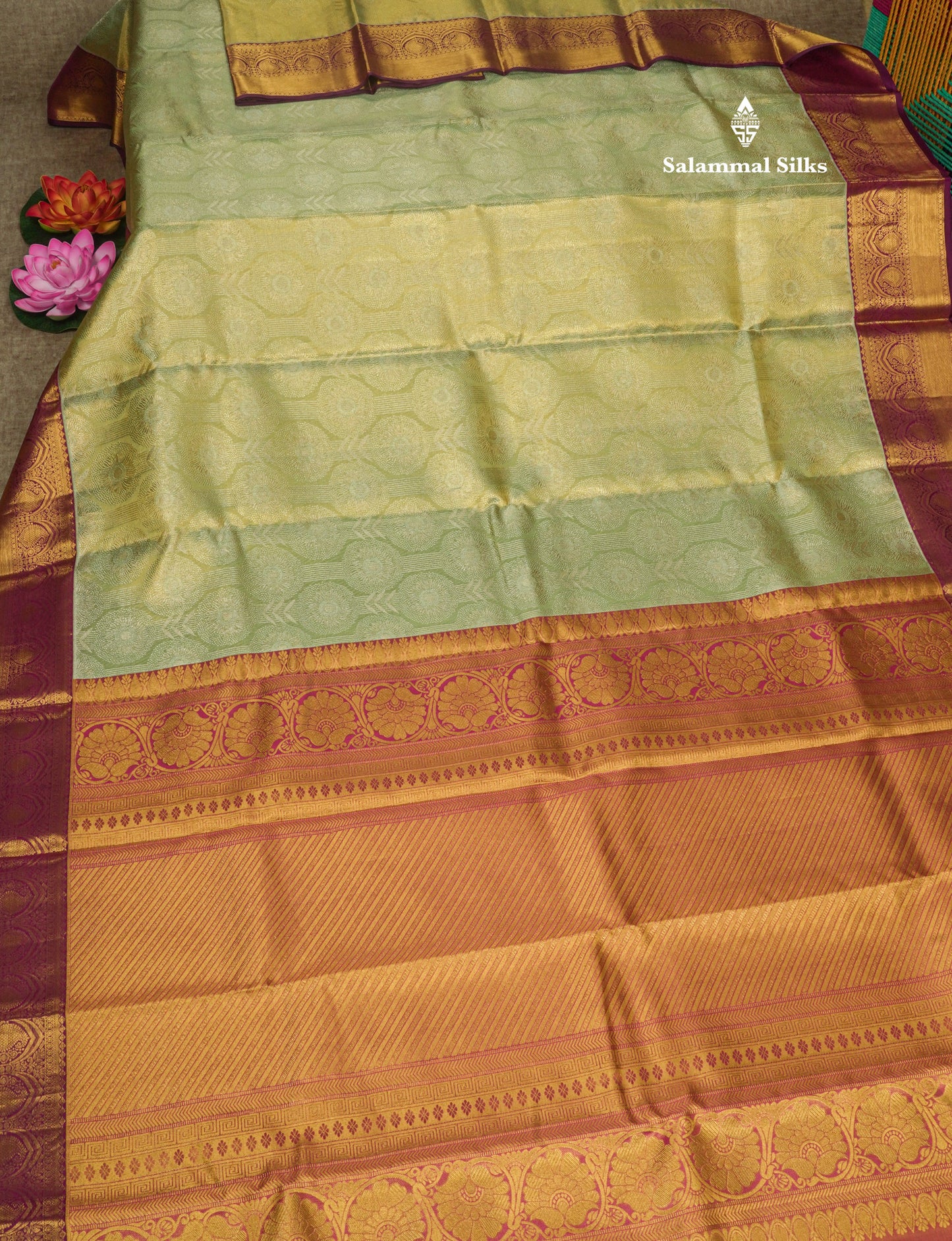 Korvai Pista Green Beautiful Tissue Bridal Pure Silk Saree With Magenta Border