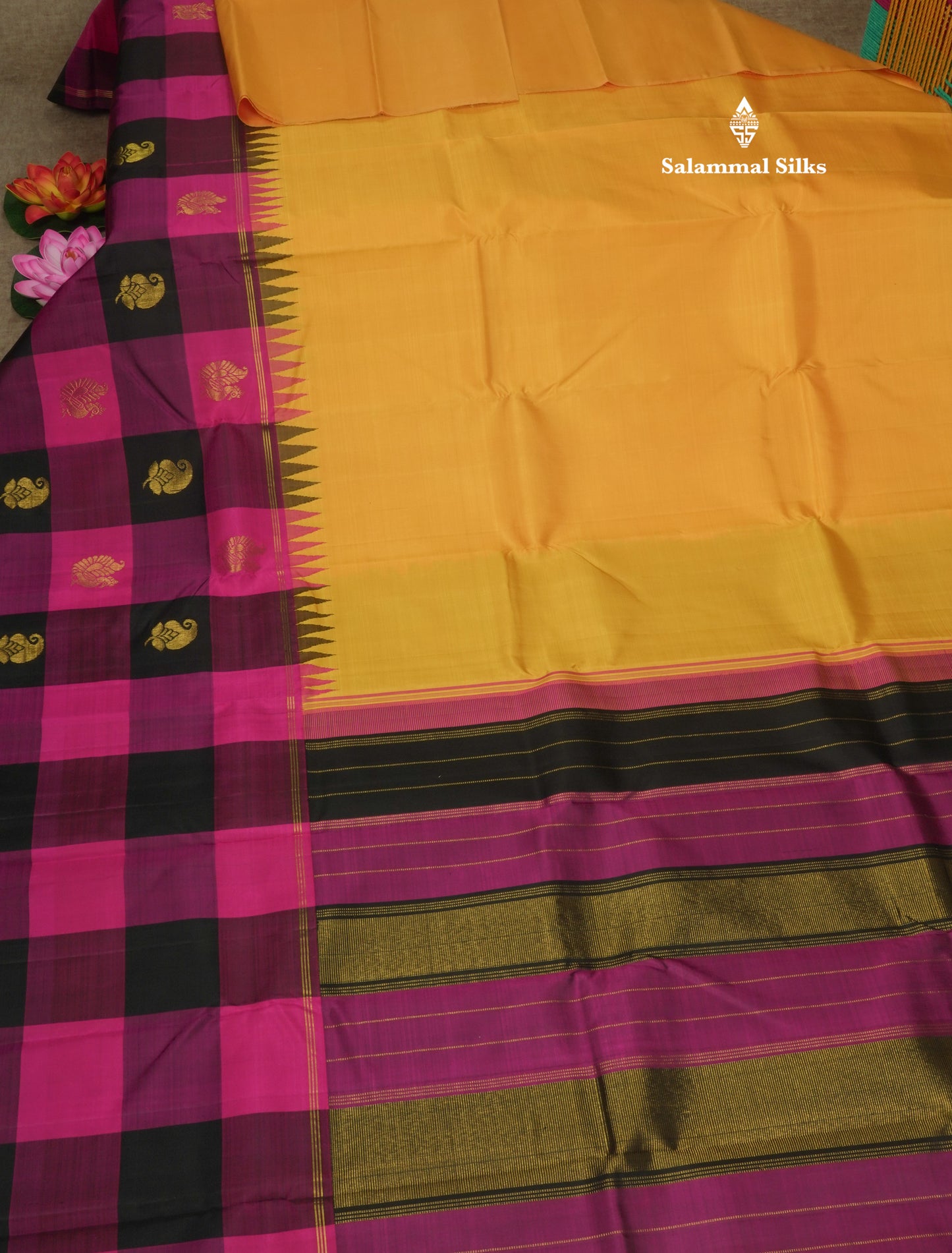 Beautiful Yellow Pure Kanjivaram Silk Saree With Traditional Temple Paalum Pazham Checks Border