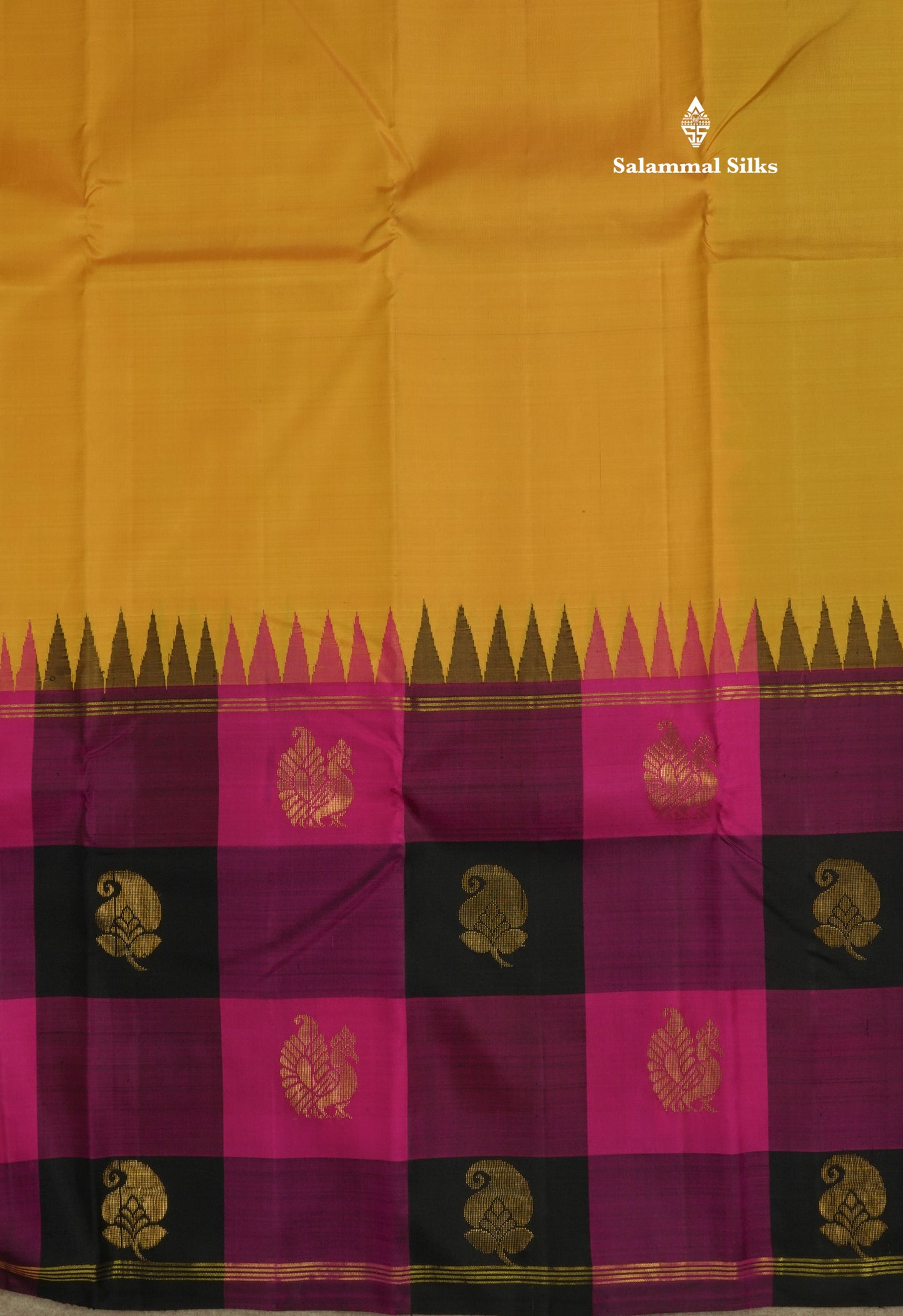 Beautiful Yellow Pure Kanjivaram Silk Saree With Traditional Temple Paalum Pazham Checks Border