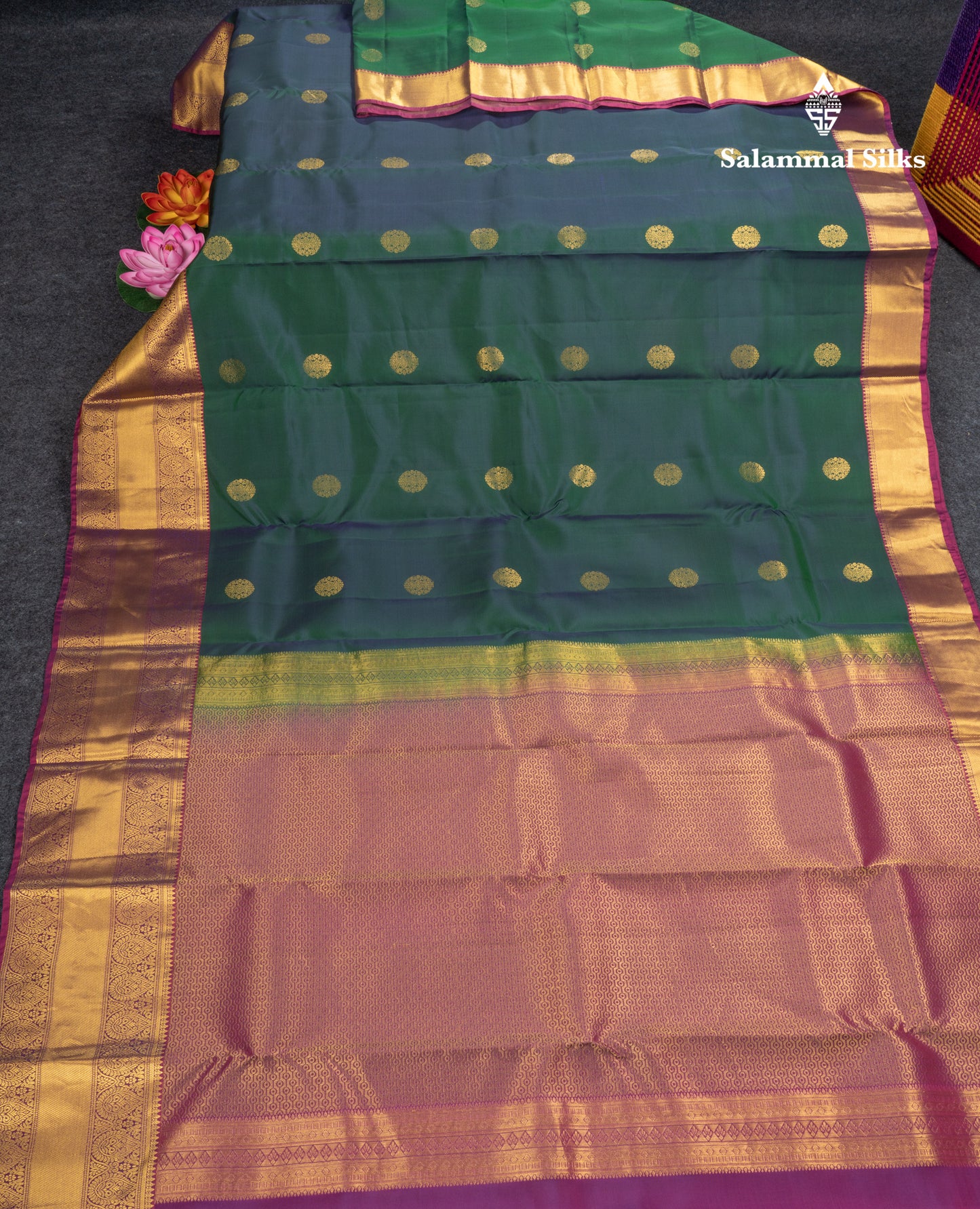 Peacock Green Pure Silk Mix Saree With Contrast Magenta Border
