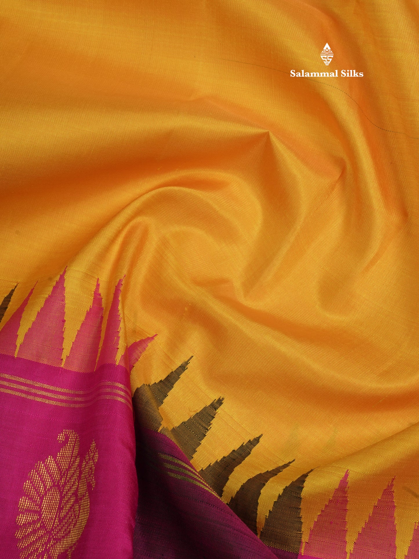 Beautiful Yellow Pure Kanjivaram Silk Saree With Traditional Temple Paalum Pazham Checks Border