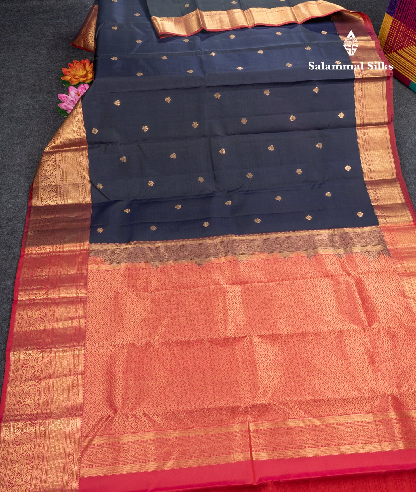 Navy Blue Pure Silk Mix Saree With Contrast Pinkish Red Border