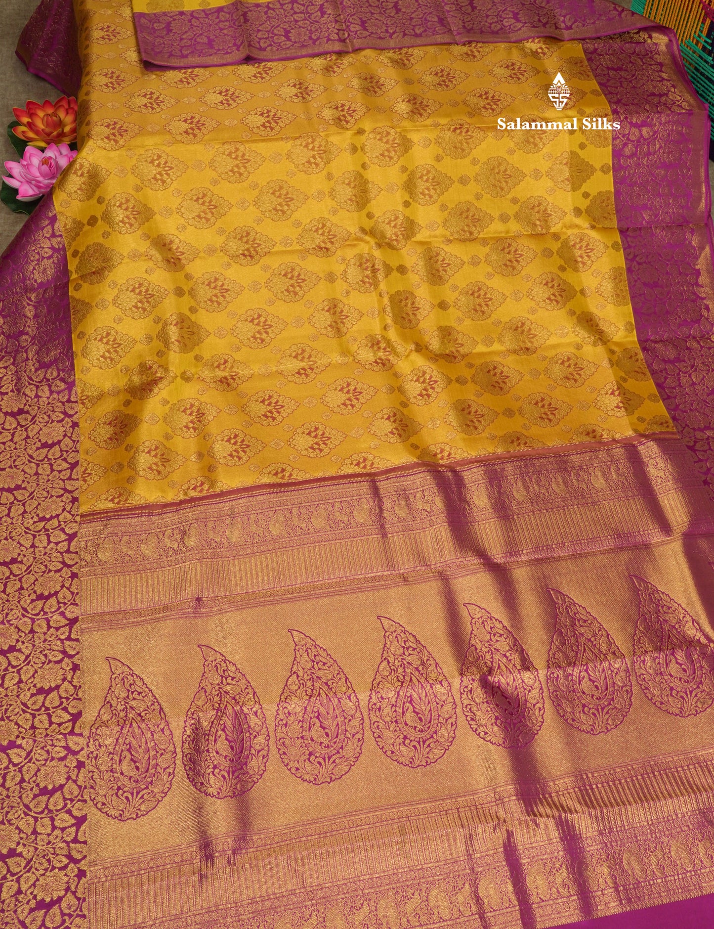 Mustard Yellow Bridal Pure Kanjivaram Silk Saree With Magenta Border