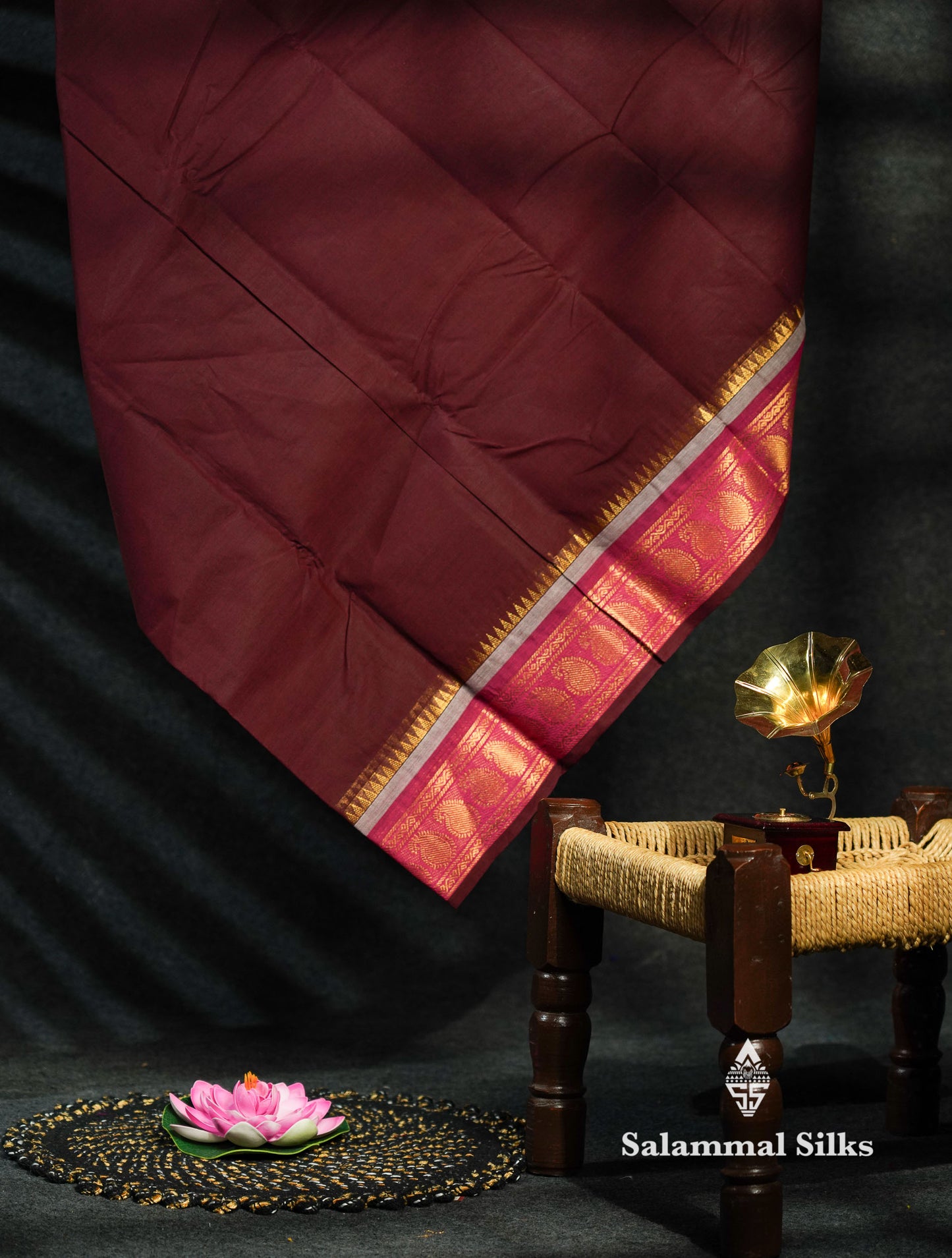 Beautiful Dark Brown Chettinad Plain Pure Cotton Saree With Traditional Magenta Border