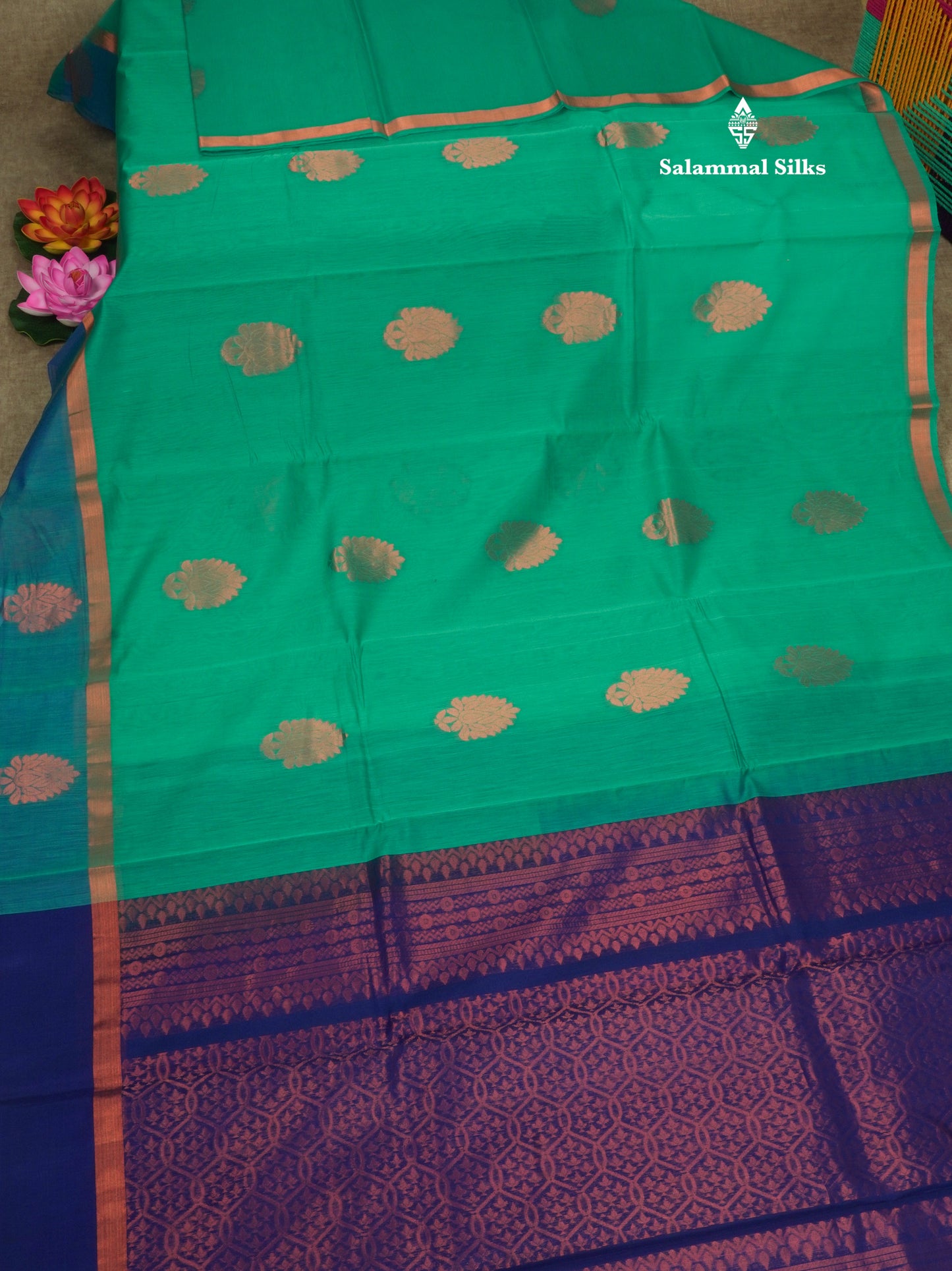 Sapphire Green Beautiful SICO Cotton Saree With Rama Blue Border