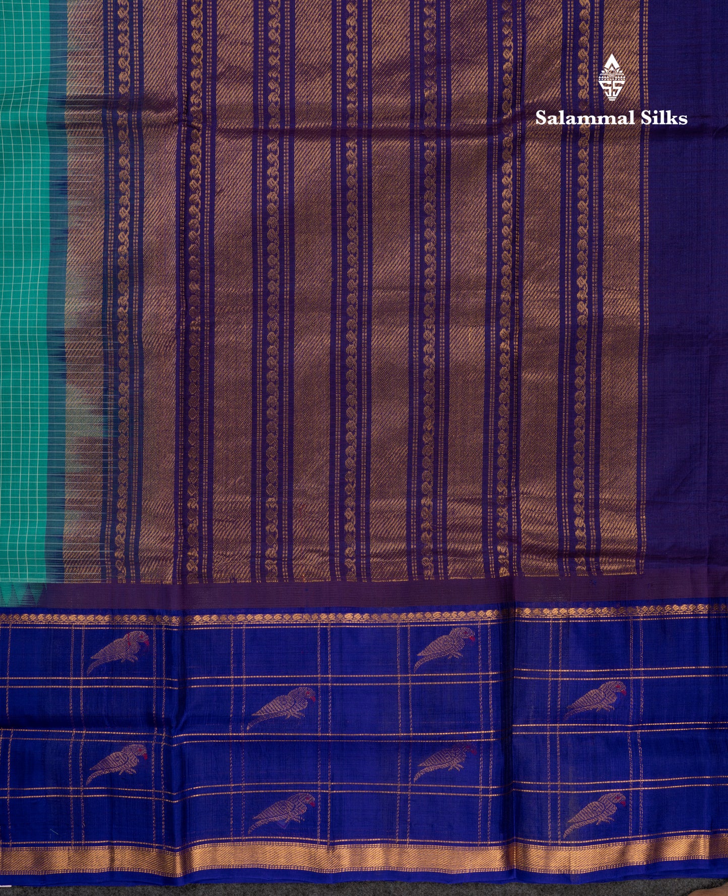 Sapphire Green Small Checks Pure Silk Cotton Saree With Contrast Long Violet Border & Parrot Motifs