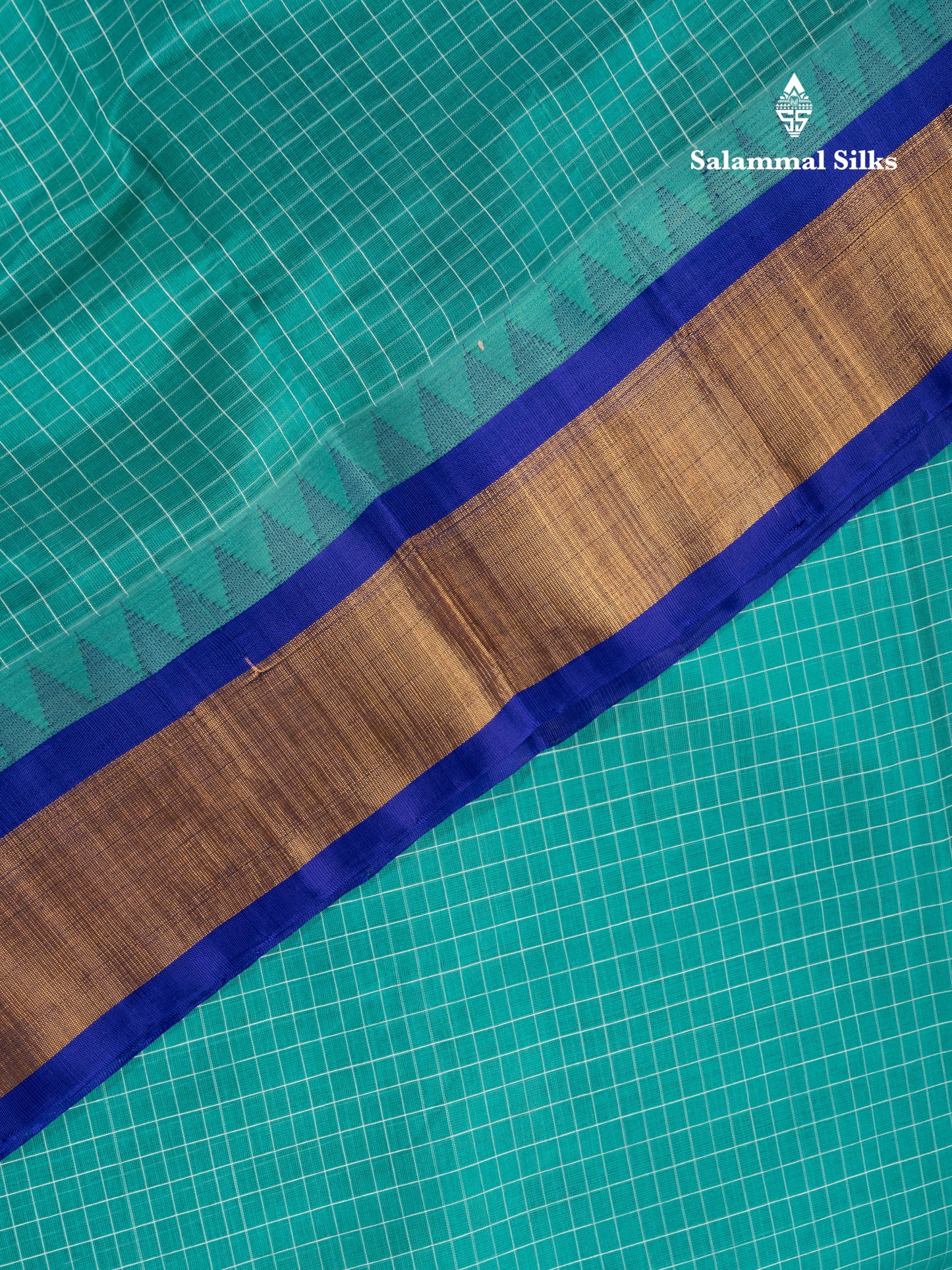 Sapphire Green Small Checks Pure Silk Cotton Saree With Contrast Long Violet Border & Parrot Motifs
