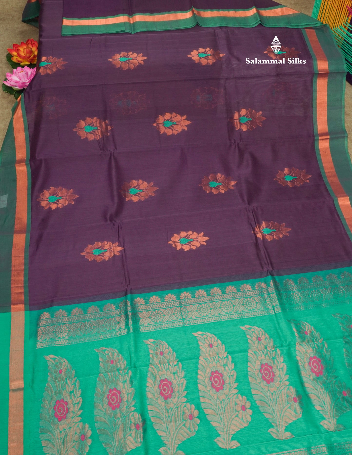 Violet Beautiful SICO Cotton Saree With Sapphire Green Border