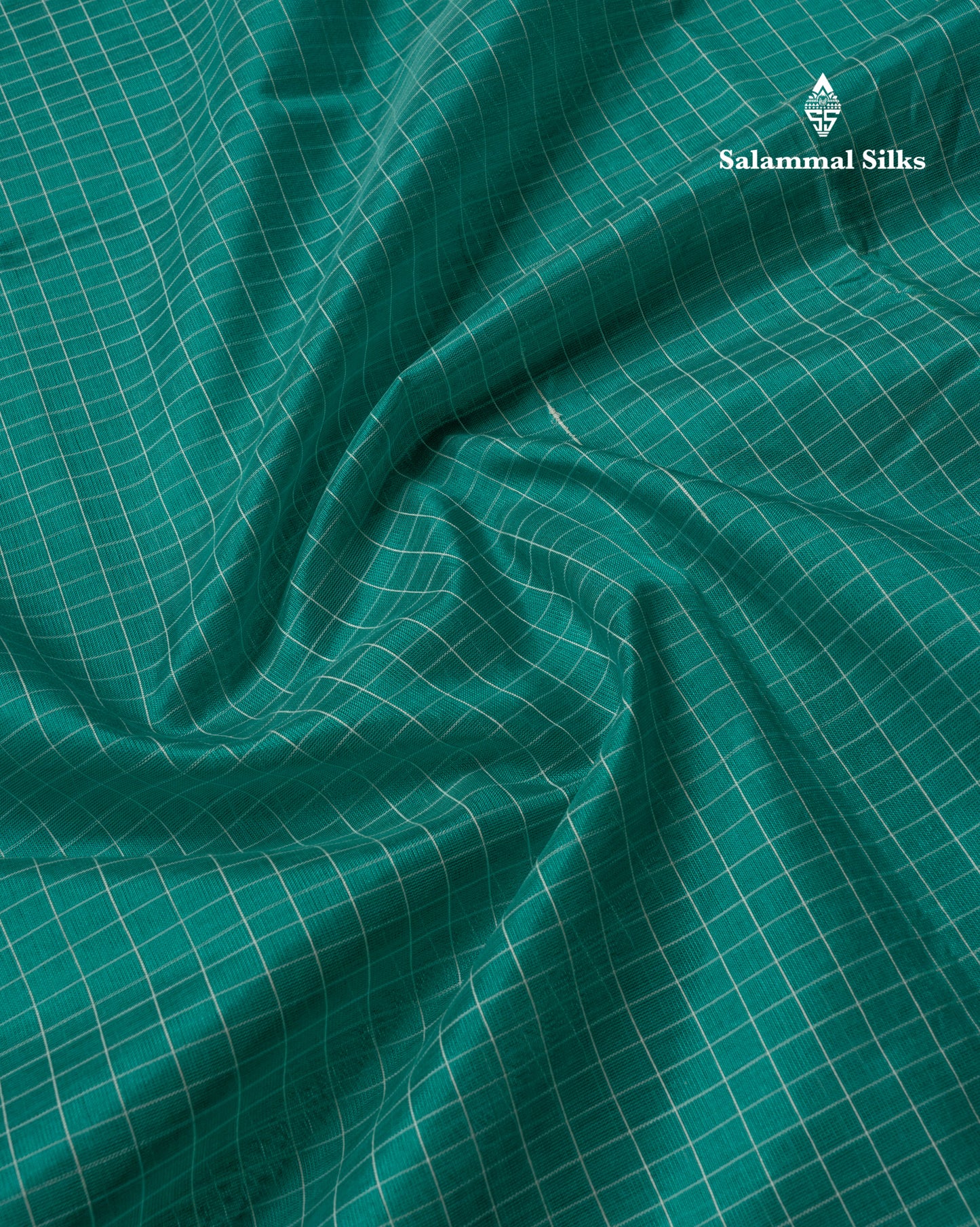 Sapphire Green Small Checks Pure Silk Cotton Saree With Contrast Long Violet Border & Parrot Motifs