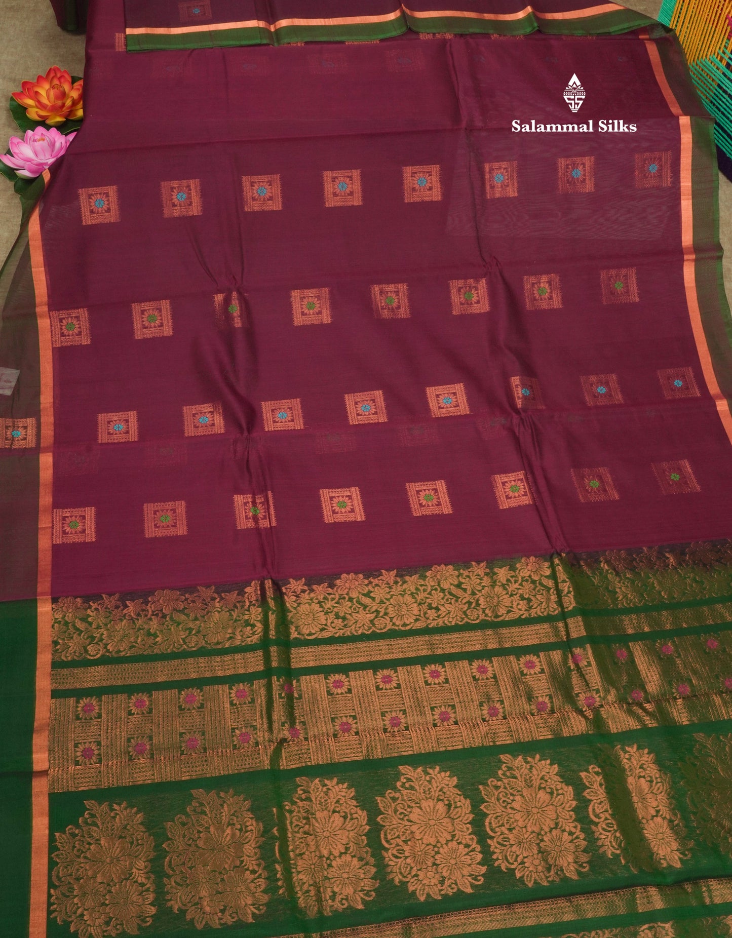 Violet Beautiful SICO Cotton Saree With Bottle Green Border