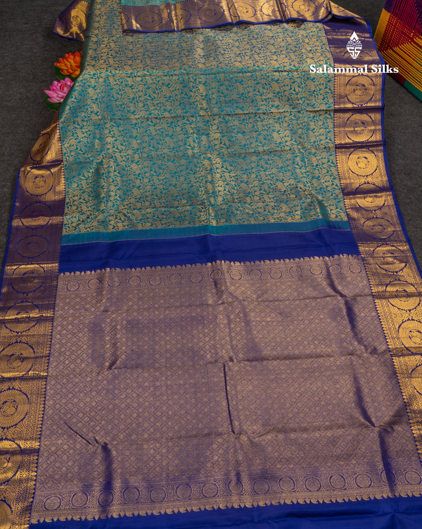 Kanjivaram Ramar Blue Vanasingaram Pure Silk Saree With Contrast Violet Broder