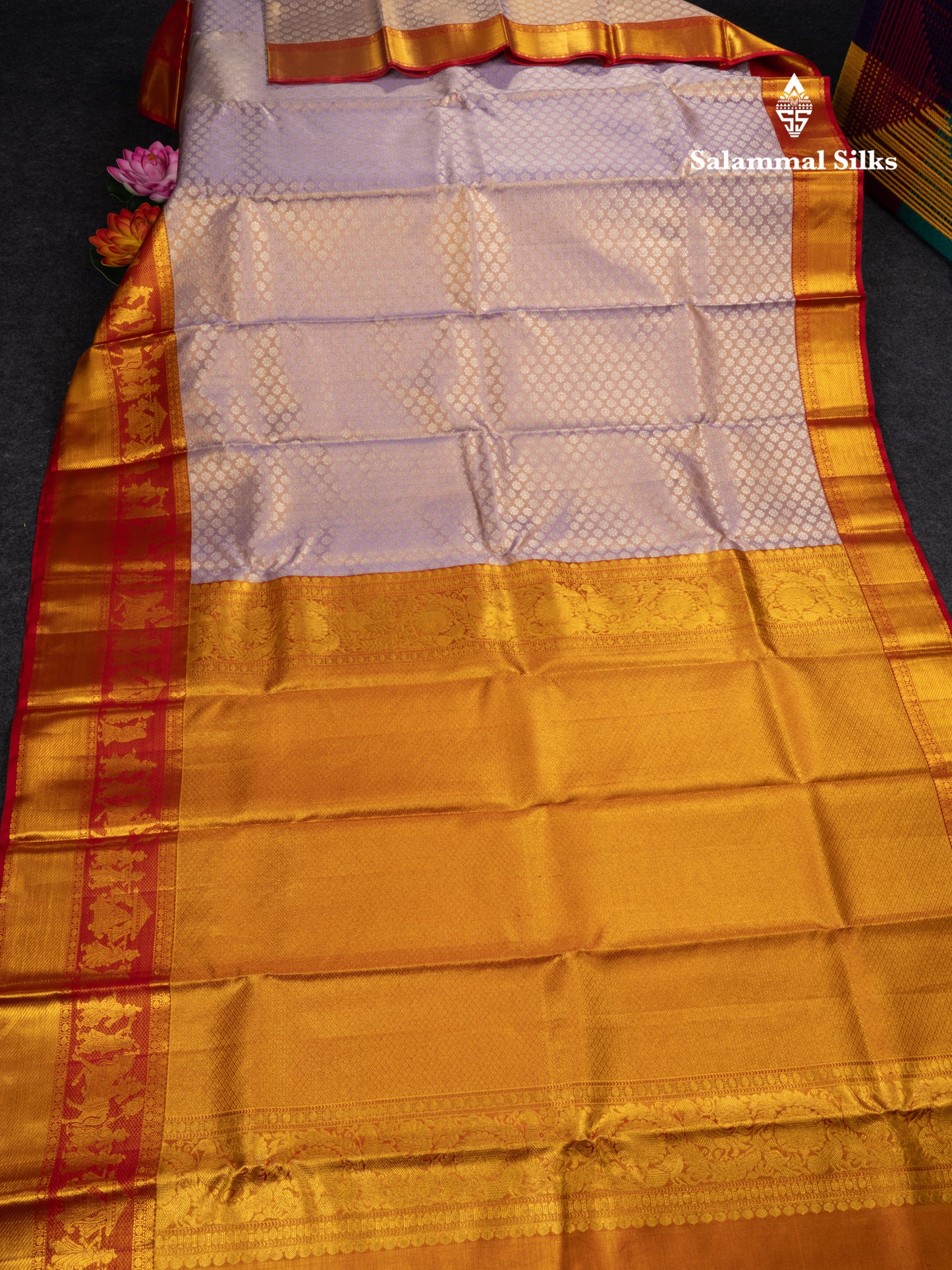 Beautiful Light Lavender Tissue Bridal Pure Kanjivaram Silk Saree With Contrast Chilly Red Pallaku Border