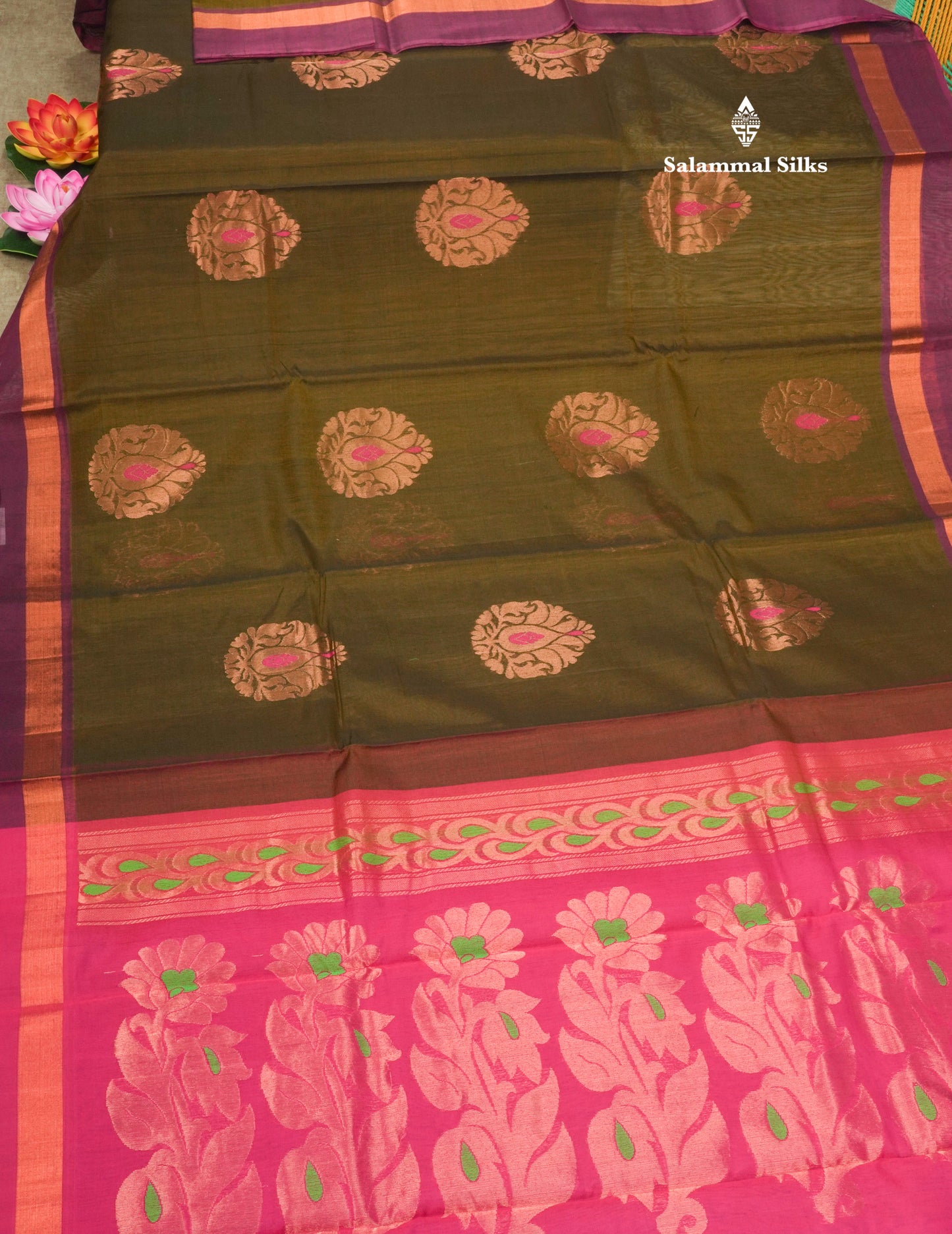 Olive Mustard Yellow Beautiful SICO Cotton Saree With Magenta Border
