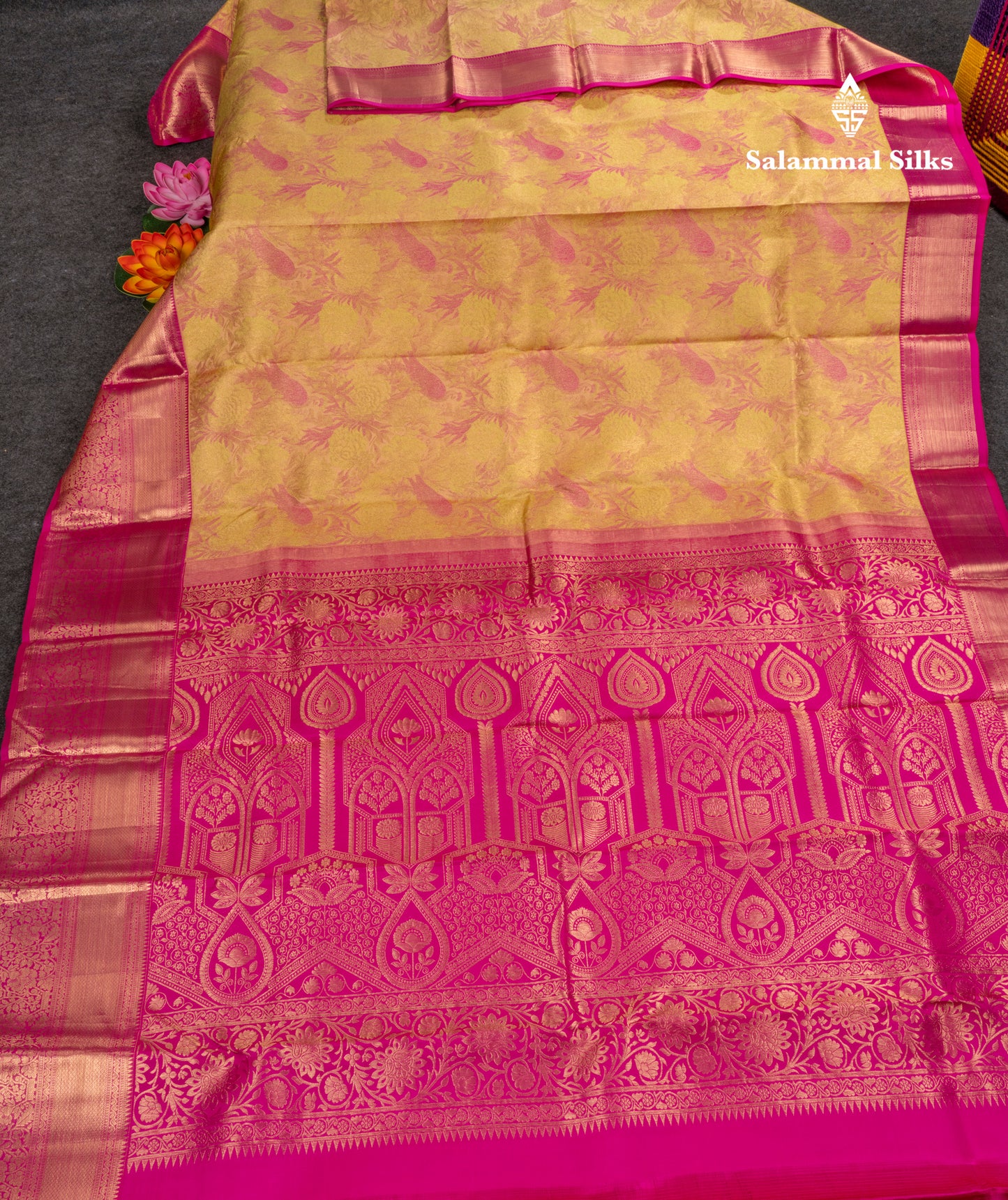 Beautiful Golden Yellow Bridal Pure Kanjivaram Silk Saree With Contrast Magenta Pink Border
