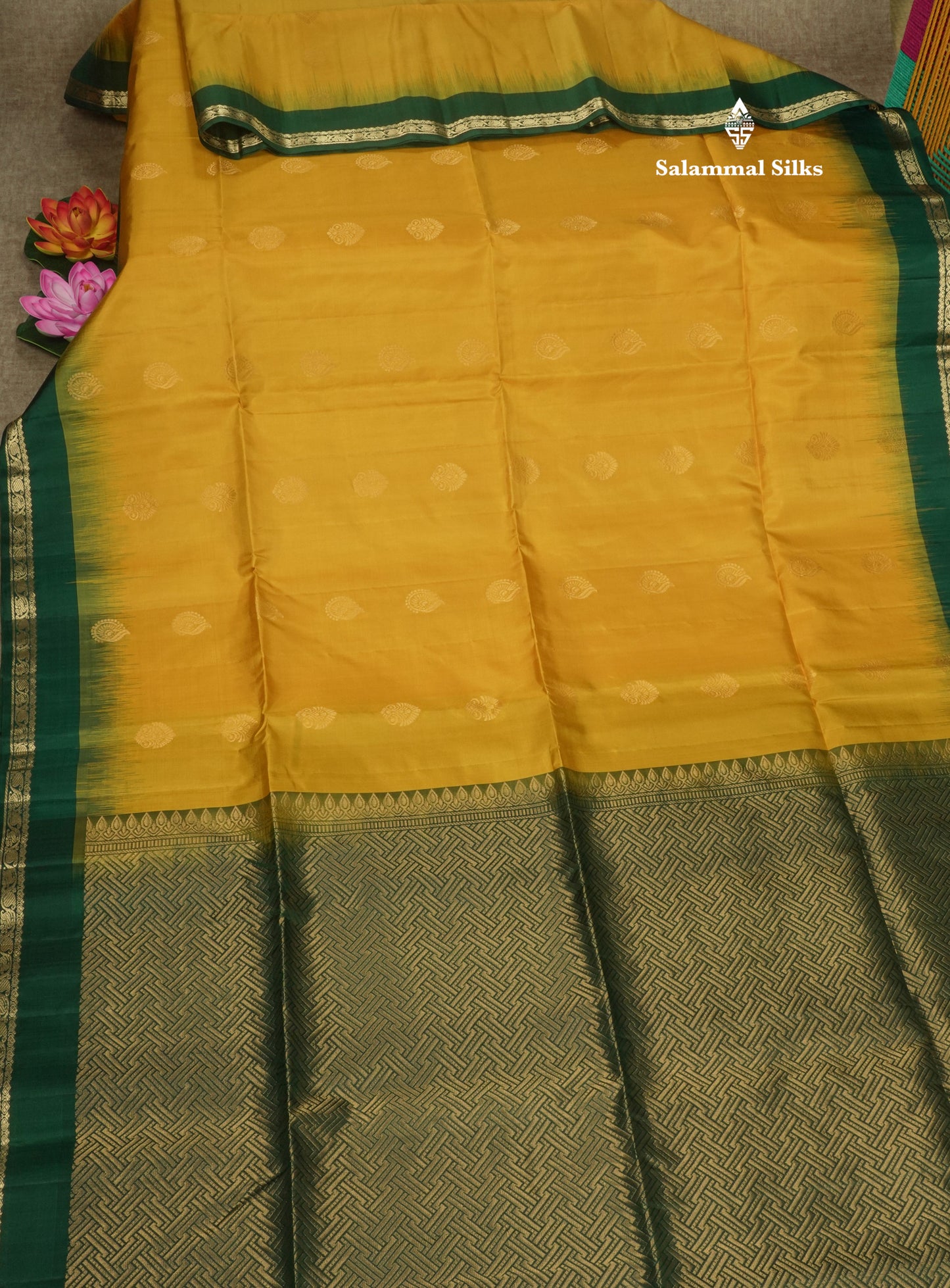 Mustard Yellow Pure Kanjivaram Soft Silk Saree With Contrast Bottle Green Small Traditional Border