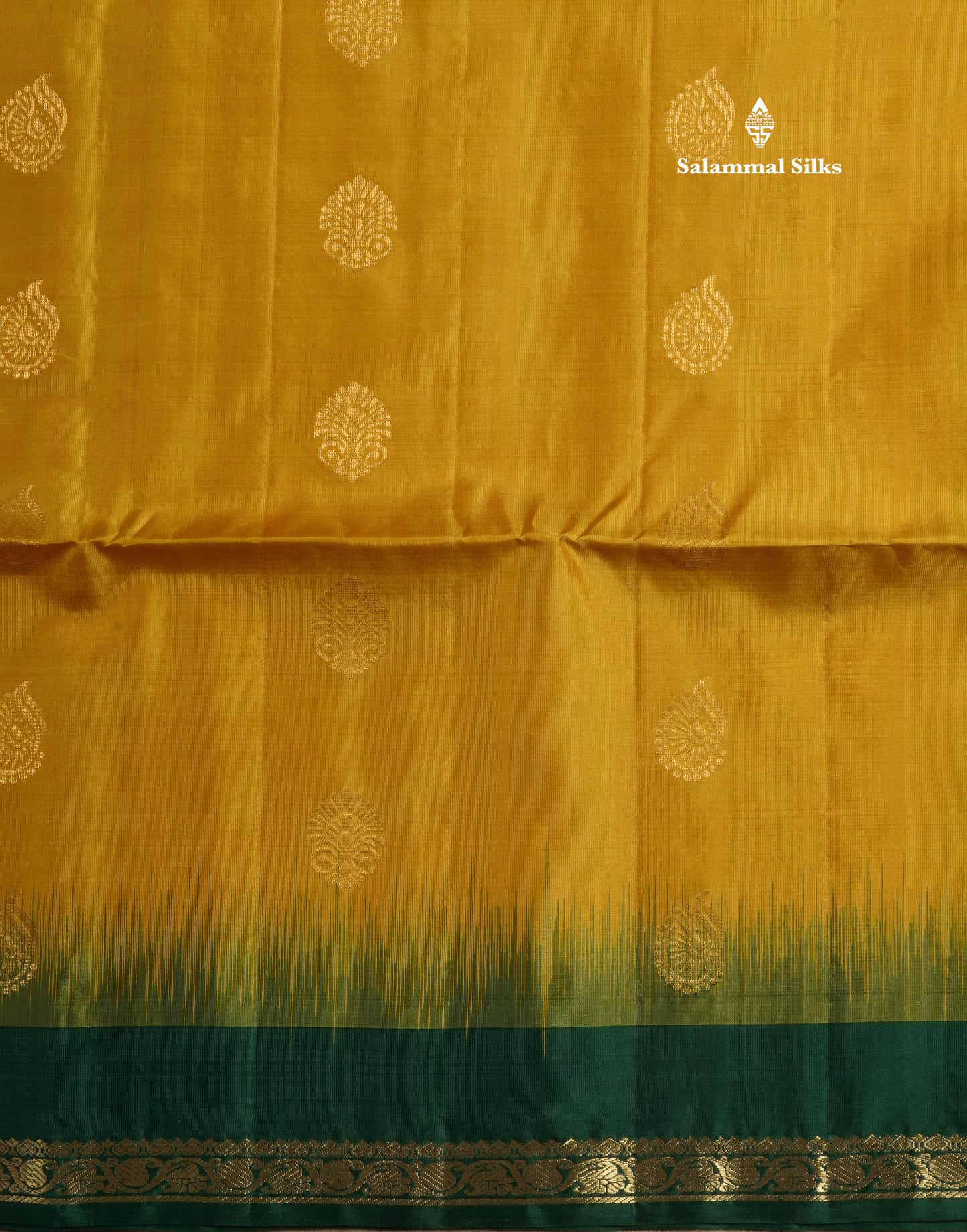 Mustard Yellow Pure Kanjivaram Soft Silk Saree With Contrast Bottle Green Small Traditional Border