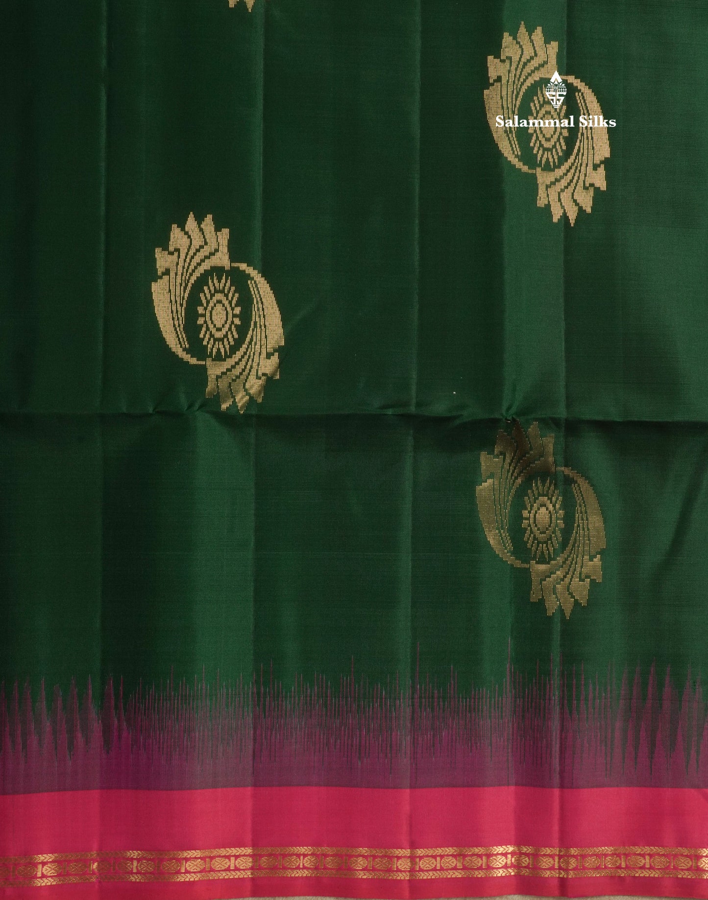 Bottle Green Pure Kanjivaram Soft Silk Saree With Contrast Pink Small Traditional Border