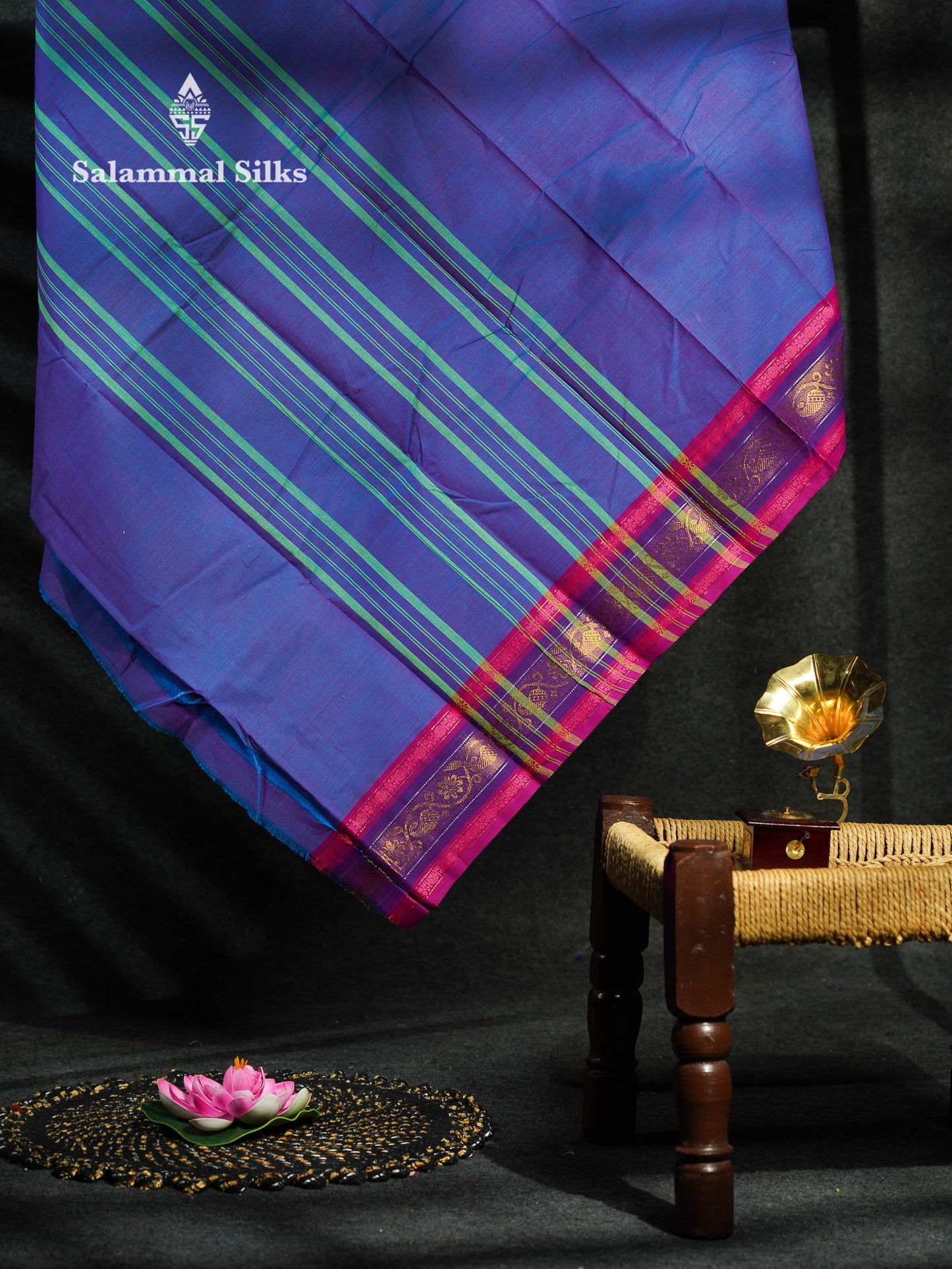 Beautiful Magenta Plain Chettinad Pure Cotton Saree With Violet Traditional Border