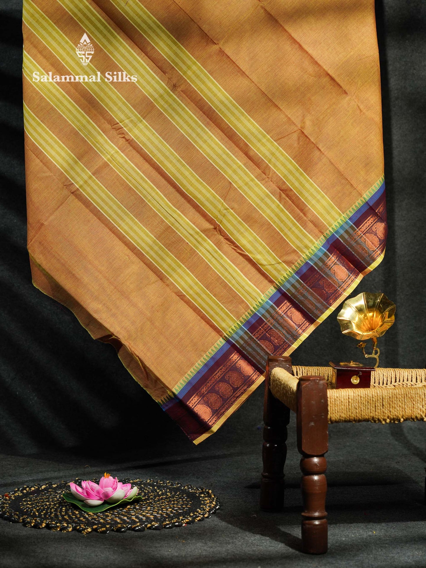 Beautiful Light Green Plain Pure Chettinad Cotton Saree With Violet Traditional Border