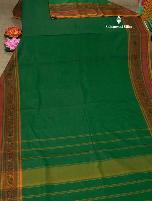Bottle Green Beautiful Pure Cotton Saree With Mustard Yellow Thread Work Border