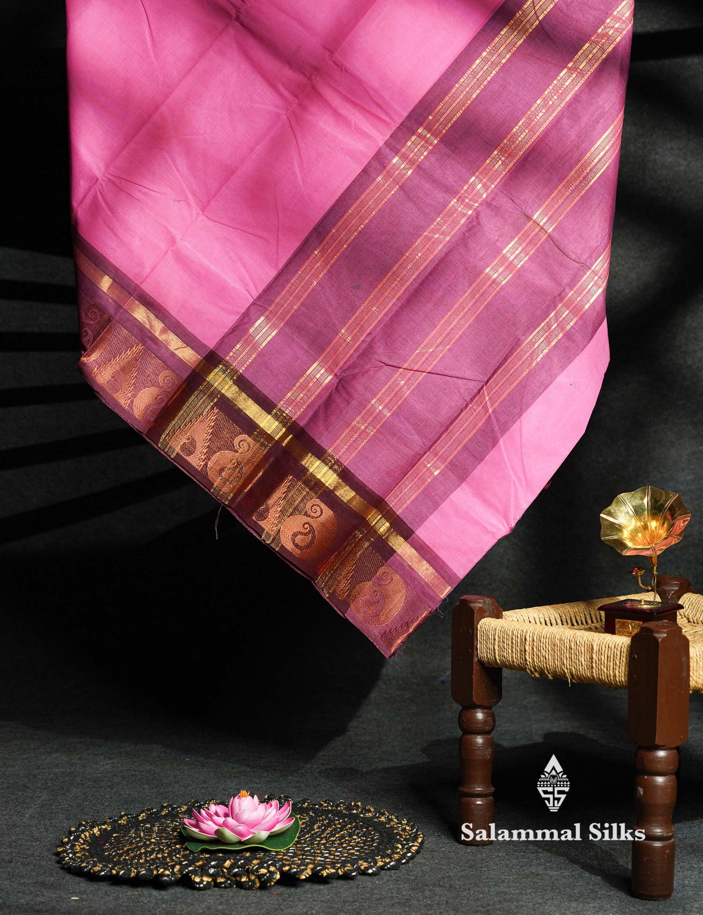 Pink Beautiful Chettinad Plain Pure Cotton Saree With Brown Border