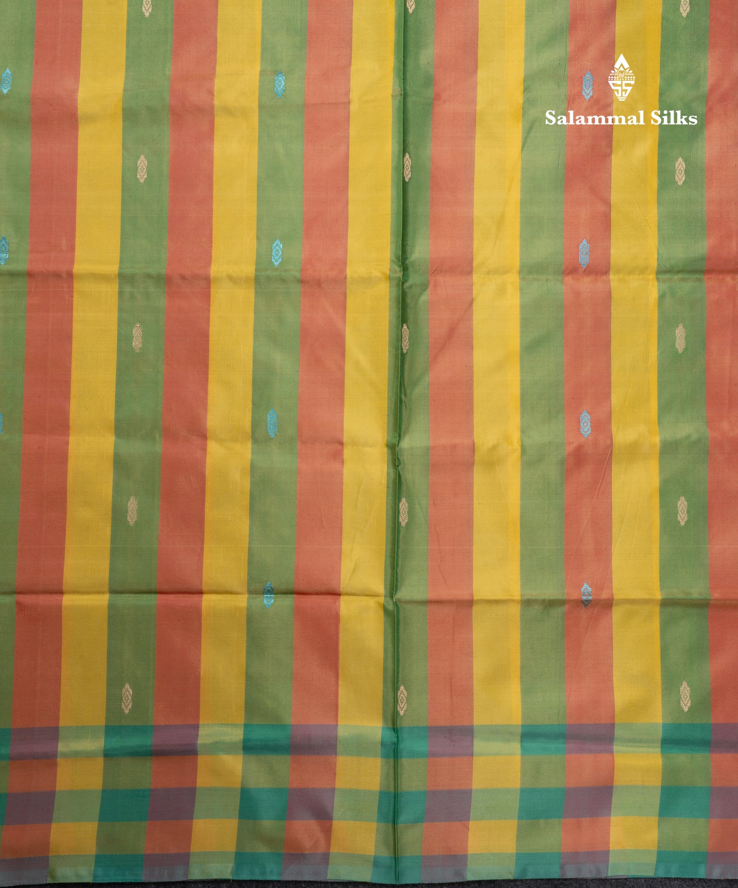 MultiColour Banana Pinth Saree (Vaazhainaar Pattu) With Contrast Sapphire Green Blouse
