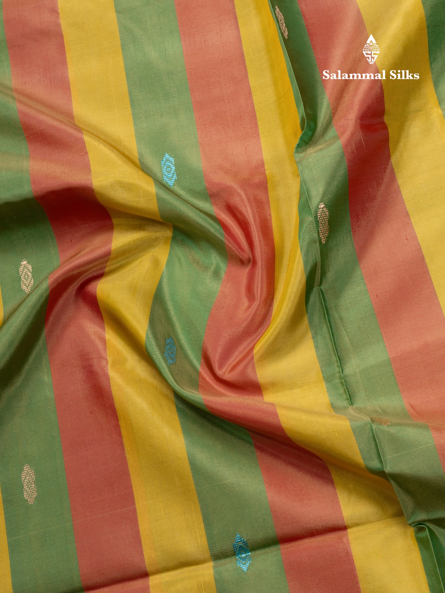 MultiColour Banana Pinth Saree (Vaazhainaar Pattu) With Contrast Sapphire Green Blouse