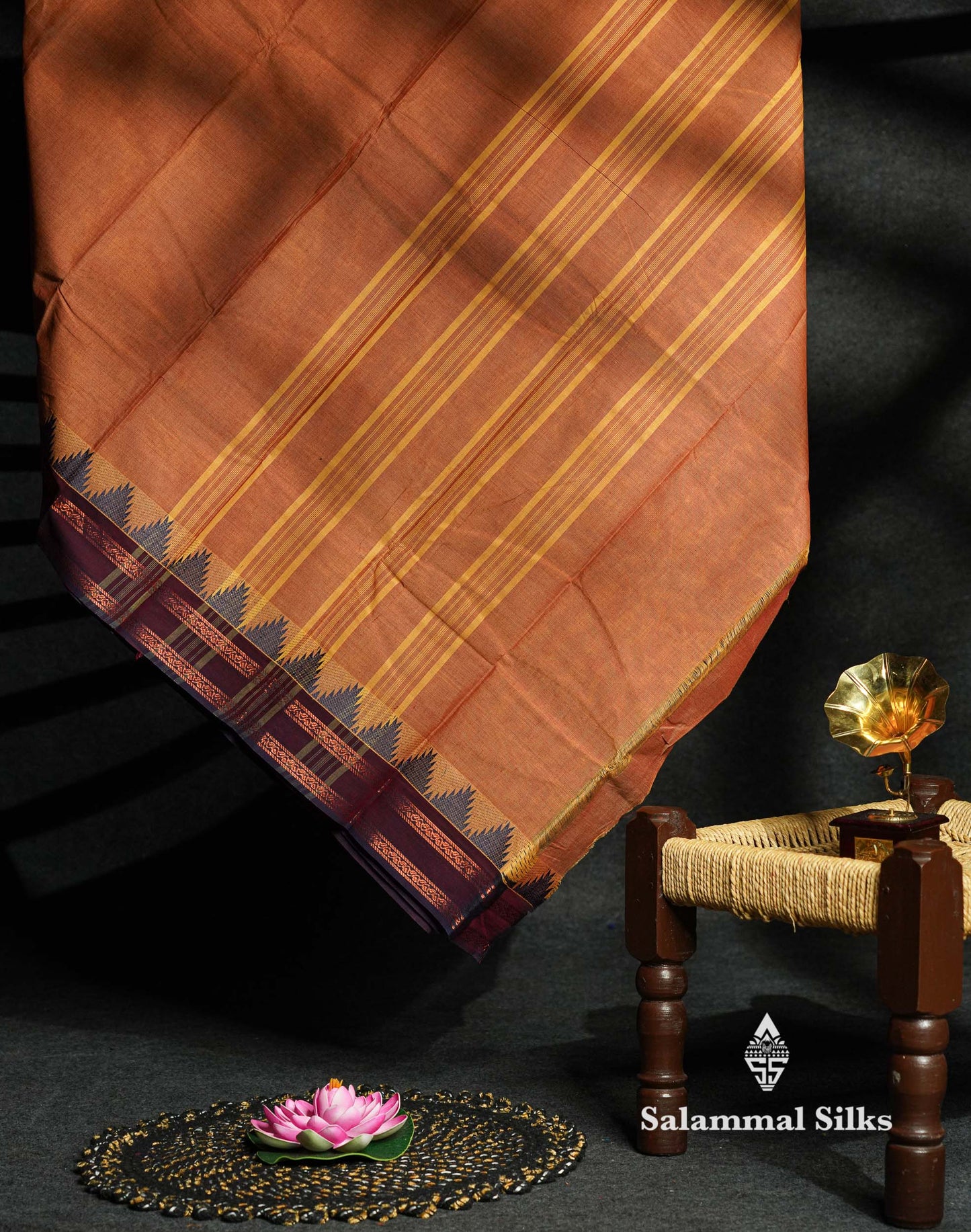 Beautiful Light Rust Orange Plain Chettinad Pure Cotton Saree With Violet Border