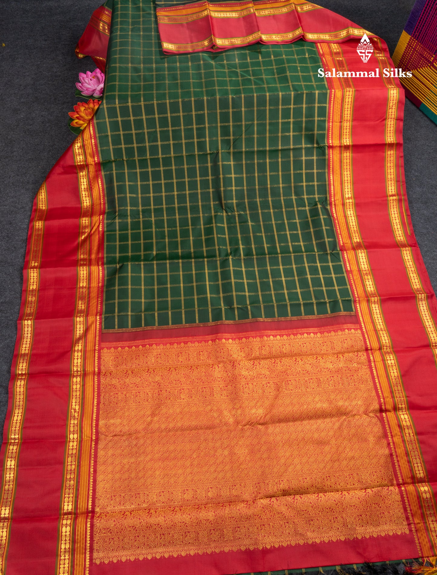 Bottle Green Checks Pure Kanjivaram Silk Saree With Contrast Reddish Pink Gap Border