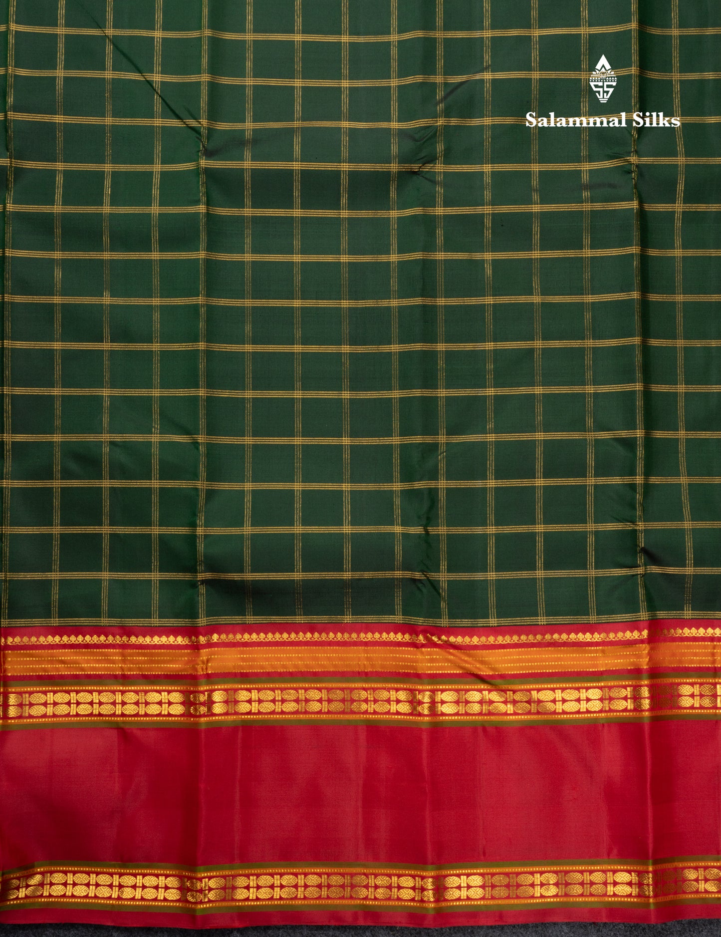 Bottle Green Checks Pure Kanjivaram Silk Saree With Contrast Reddish Pink Gap Border