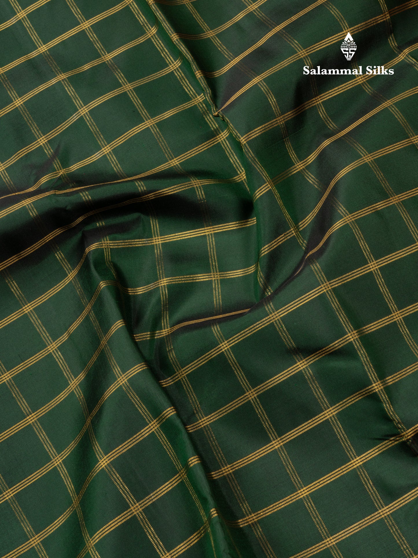 Bottle Green Checks Pure Kanjivaram Silk Saree With Contrast Reddish Pink Gap Border