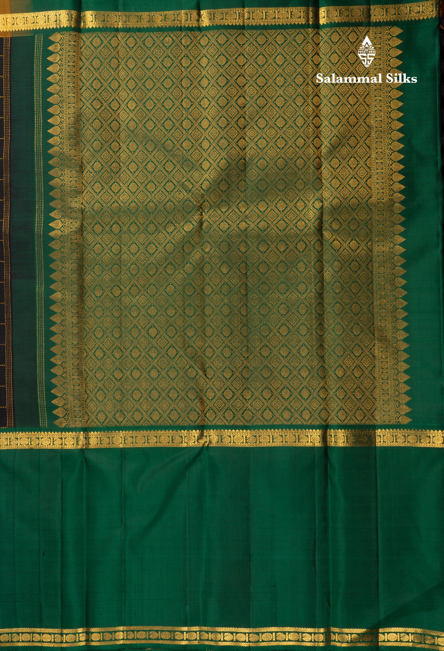 Black Checks Pure Kanjivaram Silk Saree With Contrast Long Ganga Jamuna Border