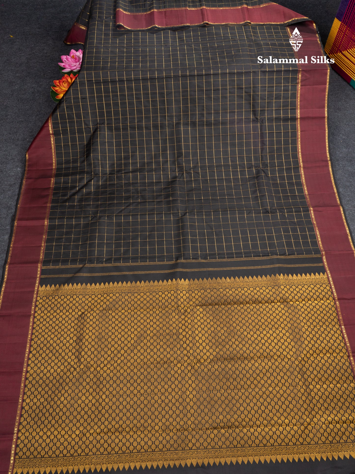 Black Checks Pure Kanjivaram Silk Saree With Contrast Dark Maroon Gap Border