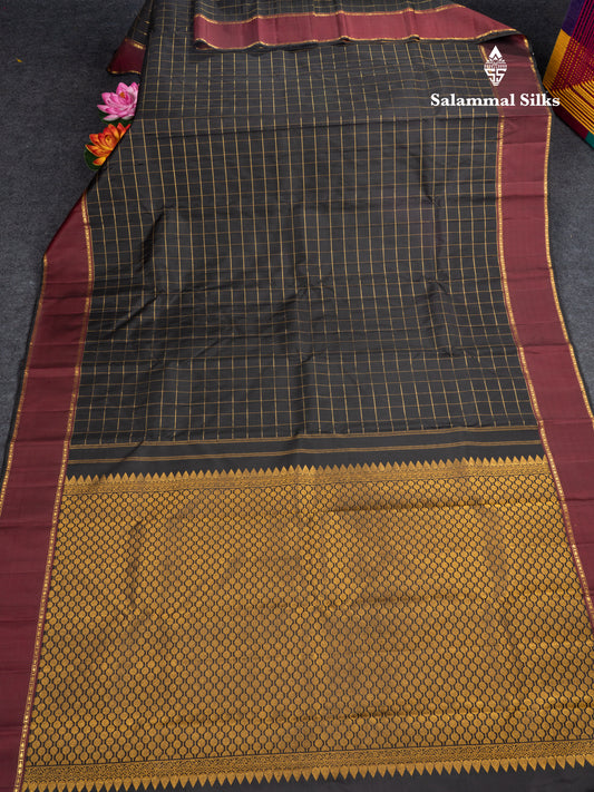 Black Checks Pure Kanjivaram Silk Saree With Contrast Dark Maroon Gap Border
