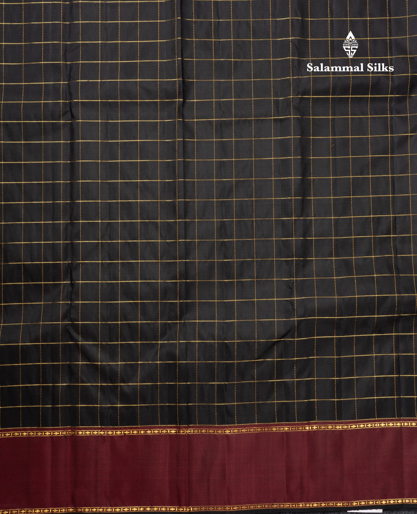 Black Checks Pure Kanjivaram Silk Saree With Contrast Dark Maroon Gap Border