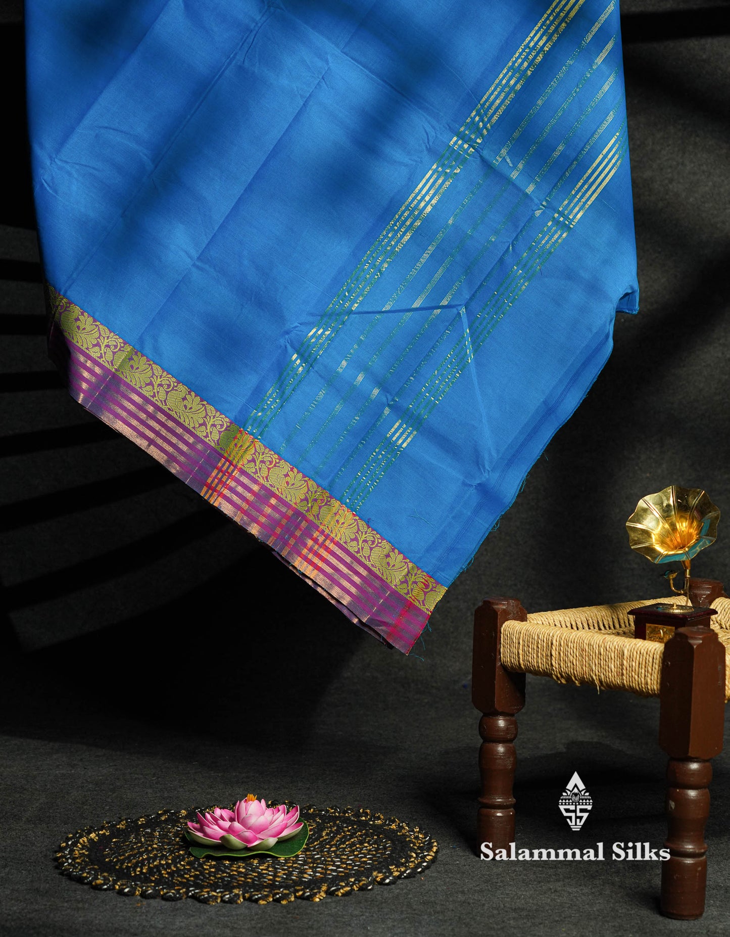 Beautiful Ananda Blue Plain Pure Chettinaad Cotton Saree With Violet Tarditional Border