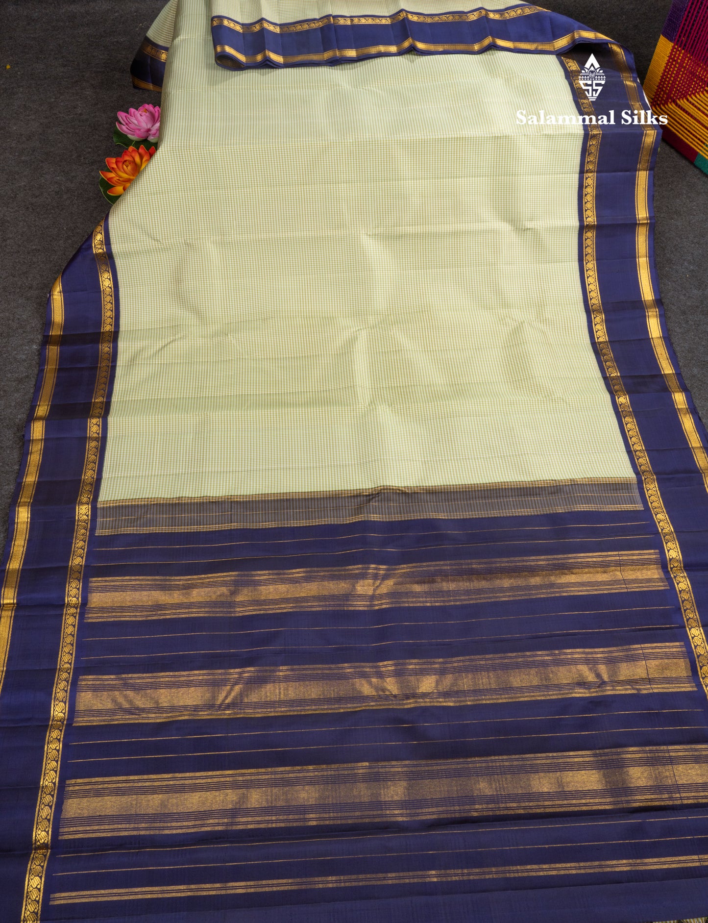 Koravi Tiny Checks Pure Kanjivaram Silk Saree With Contrast Violet Double Border