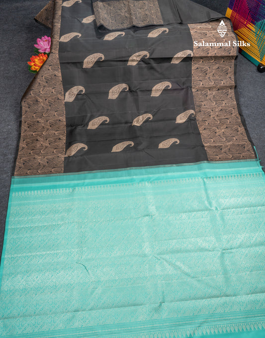 Black Fancy Pure Kanjivaram Silk Saree With Contrast Rexona Blouse