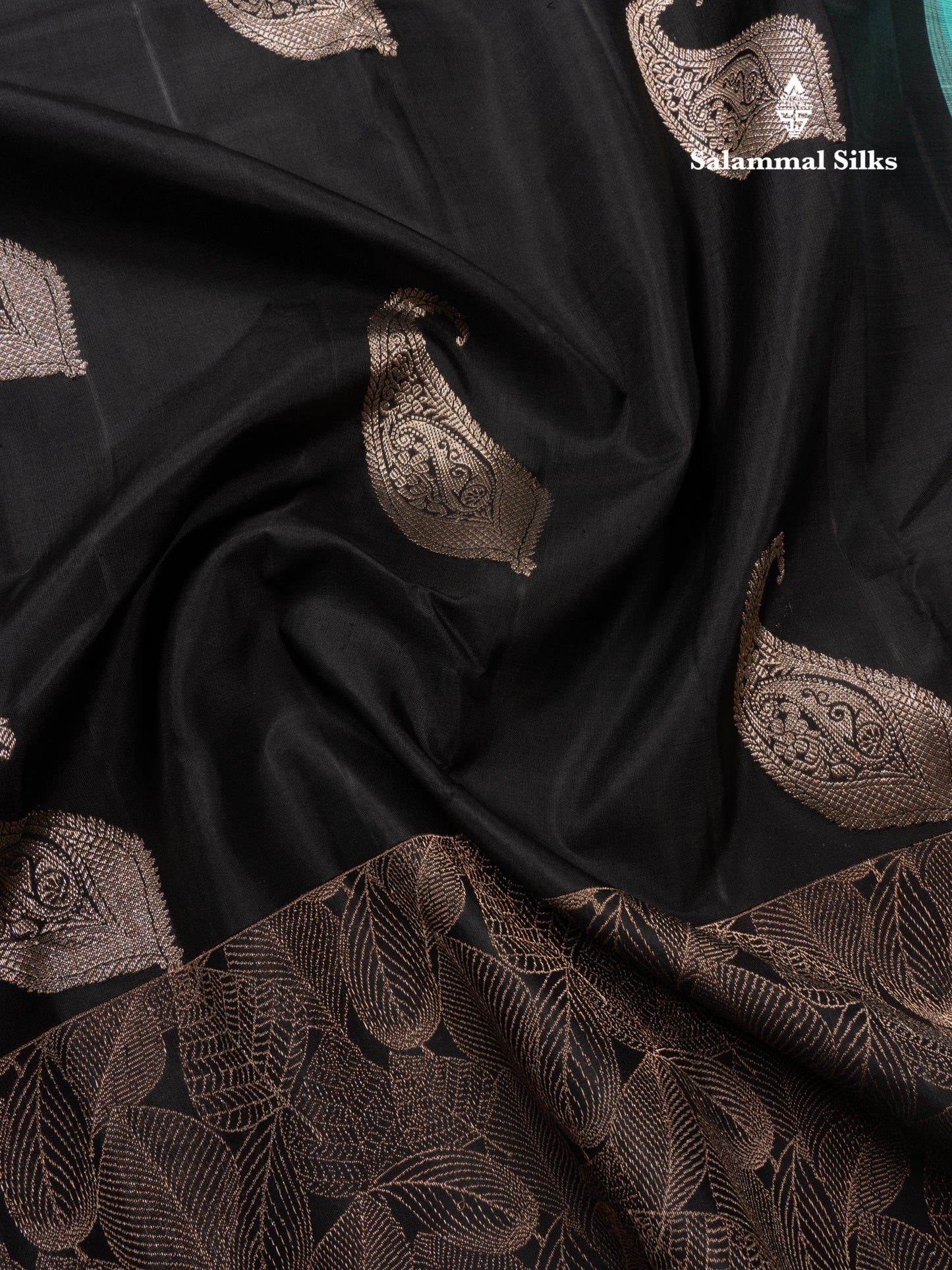Black Fancy Pure Kanjivaram Silk Saree With Contrast Rexona Blouse