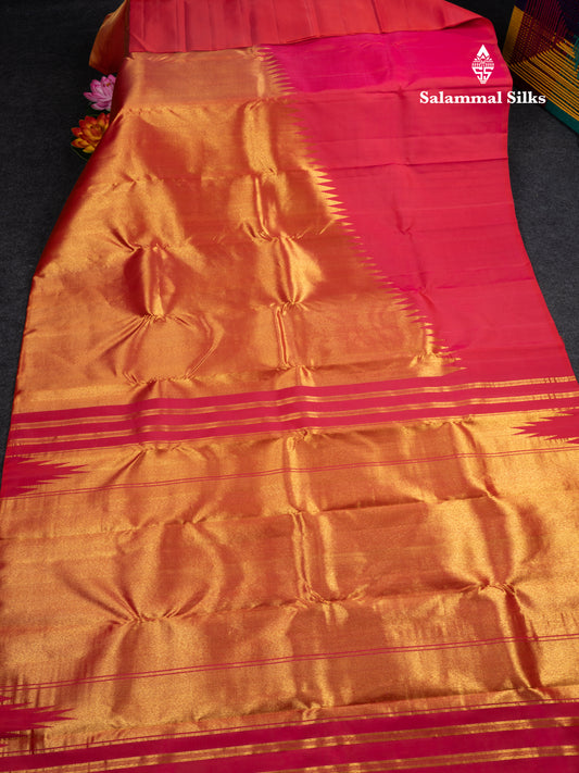 Pinkish Orange 8 Kol Pure Kanjivaram Silk Saree With Rising Temple Border