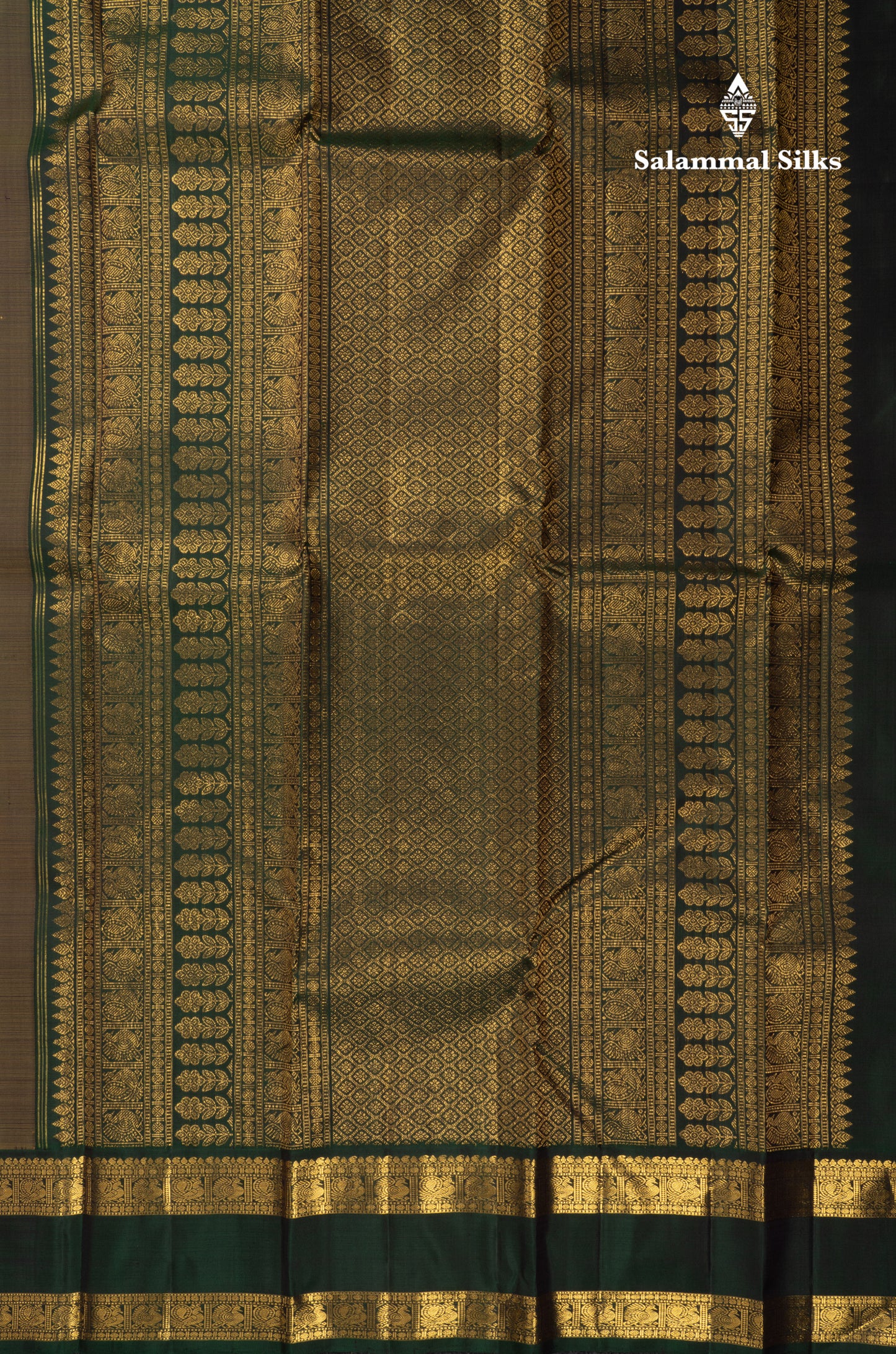 Korvai Beige Pure Kanjivaram Silk Saree With Traditional Bottle Green Double Border