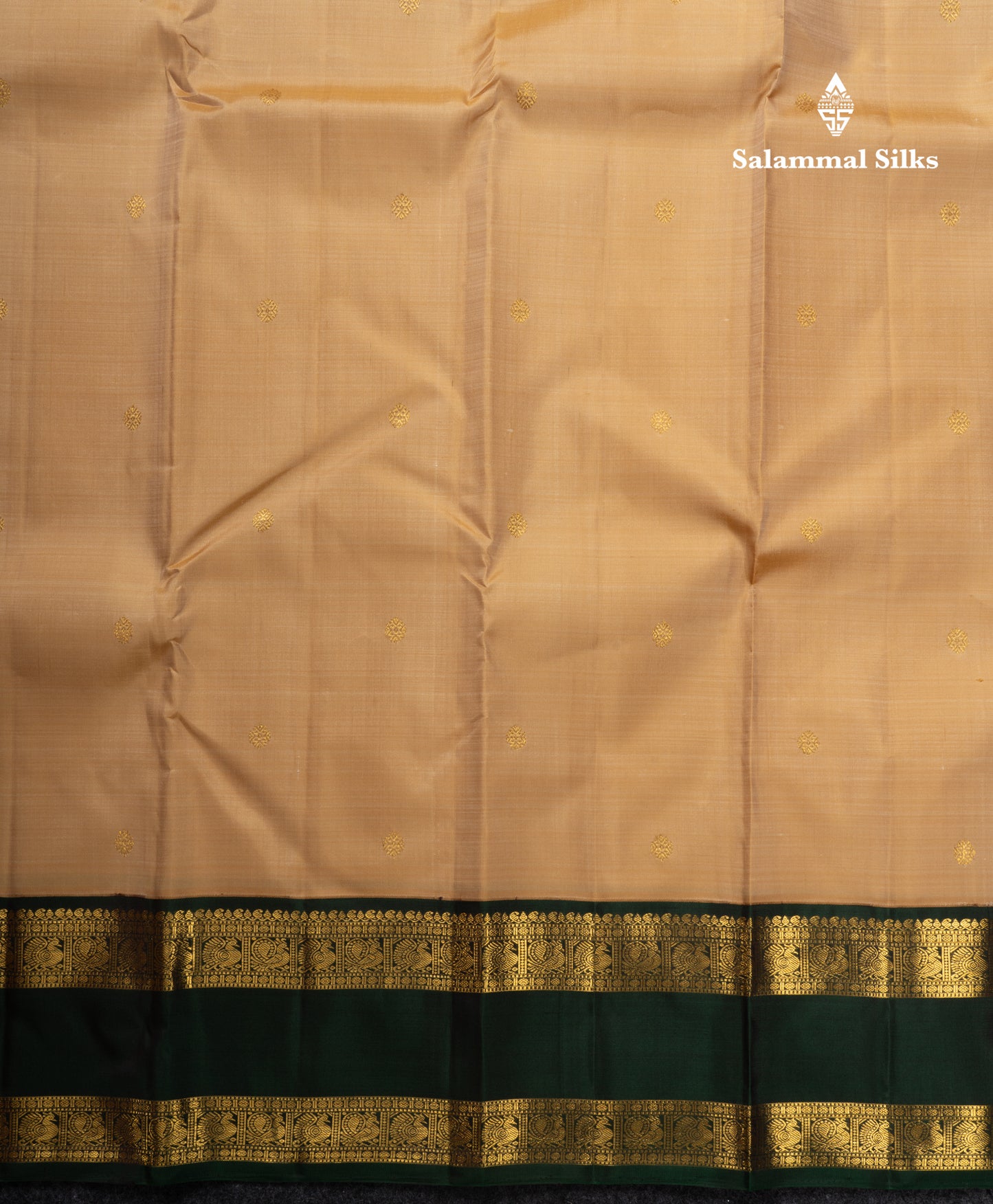 Korvai Beige Pure Kanjivaram Silk Saree With Traditional Bottle Green Double Border