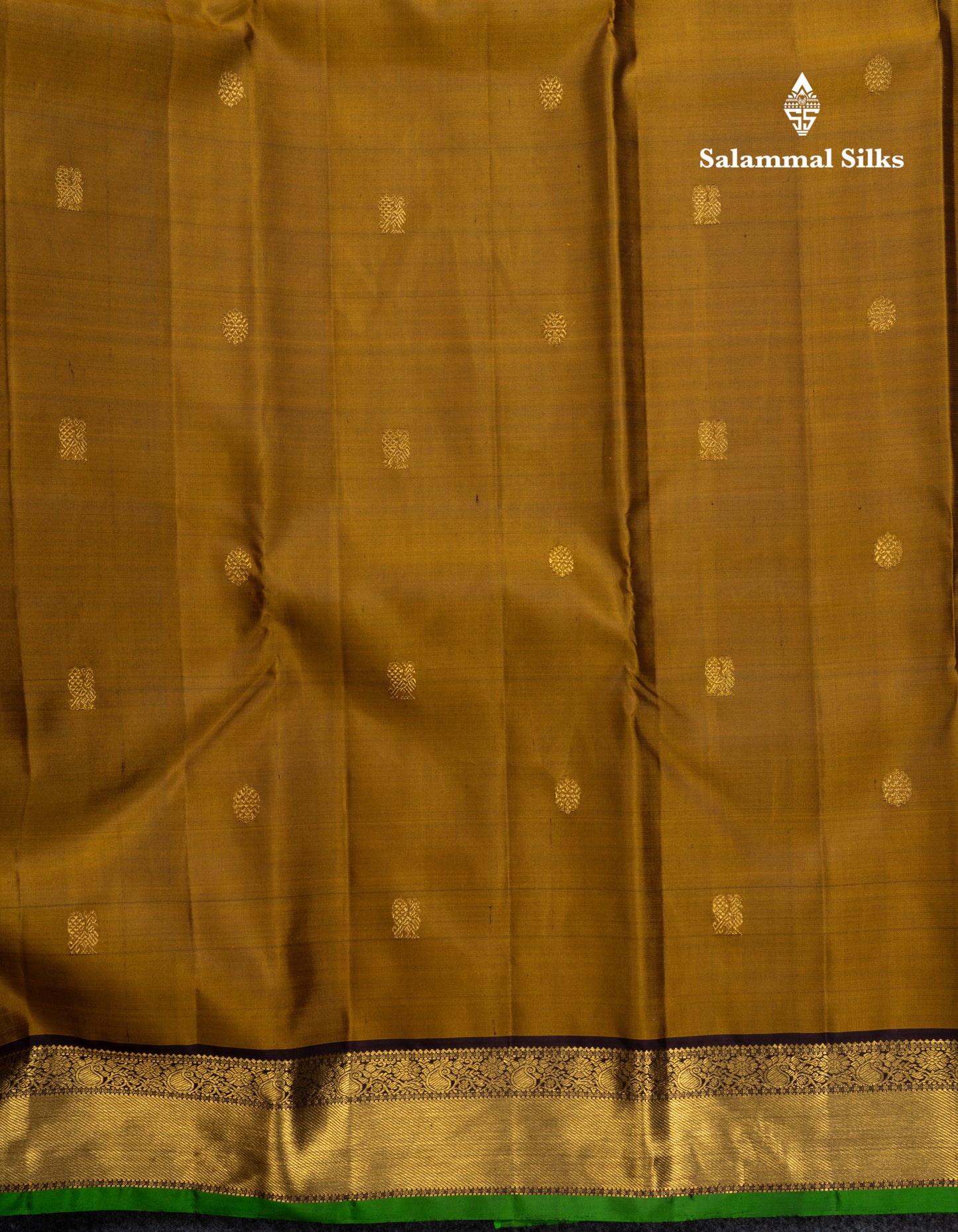 Olive Mustard Yellow Pure Kanjivaram Silk Saree With Contrast Dark Brown Small Border