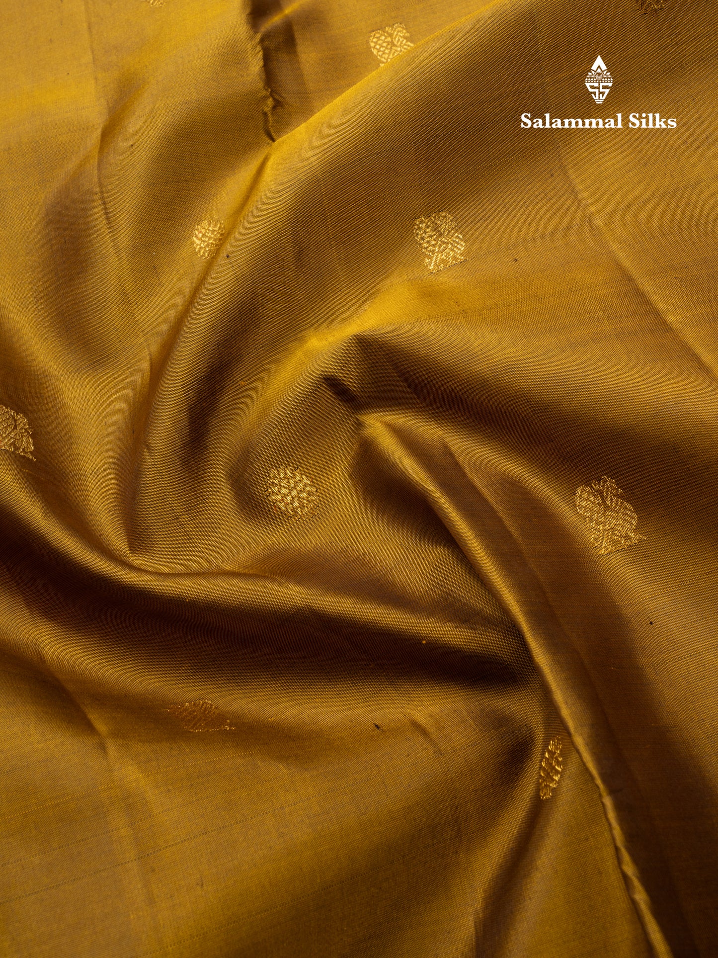 Olive Mustard Yellow Pure Kanjivaram Silk Saree With Contrast Dark Brown Small Border