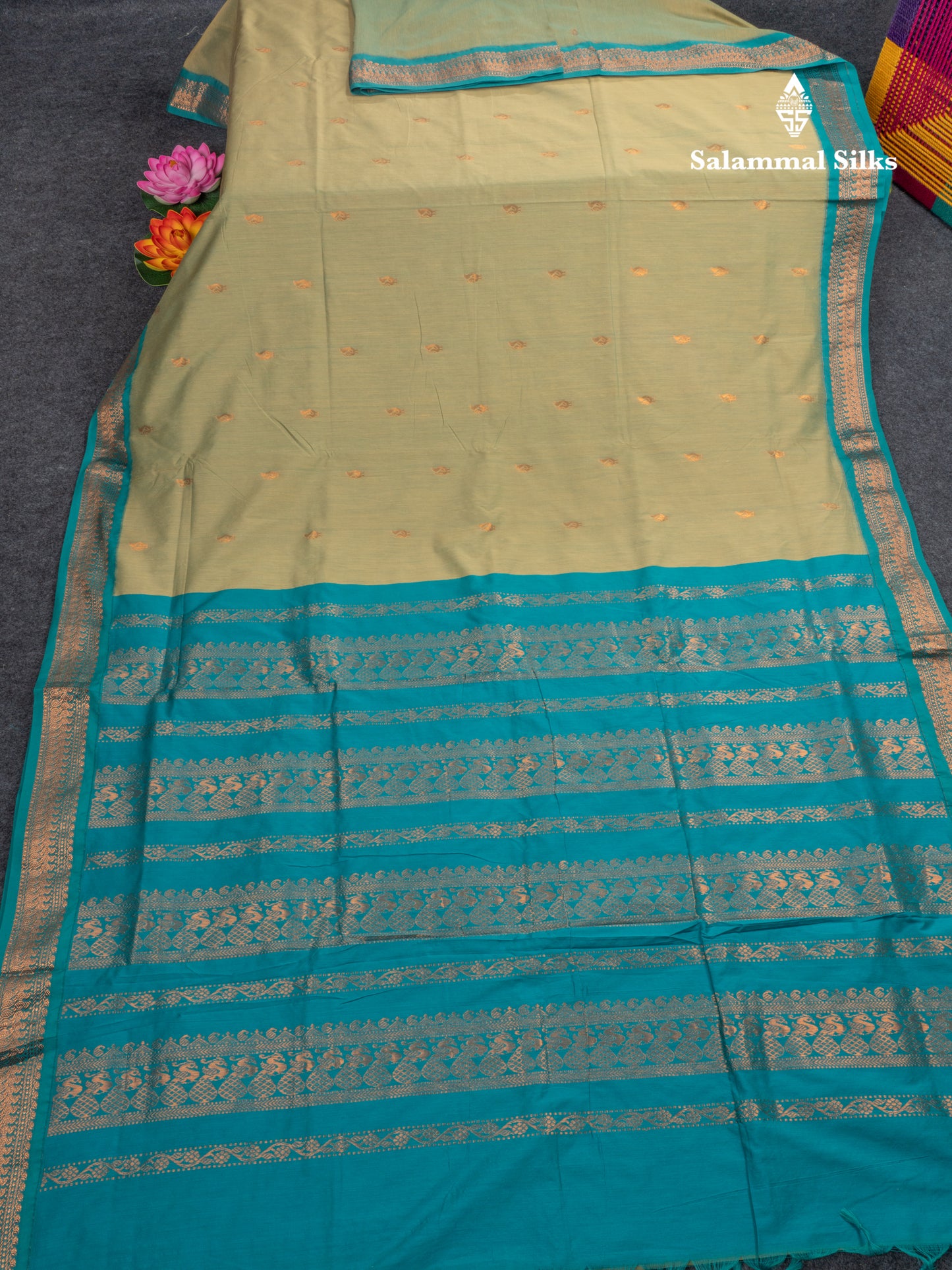 Pista Green Kalyani Cotton Saree With Contrast Sapphire Green Border
