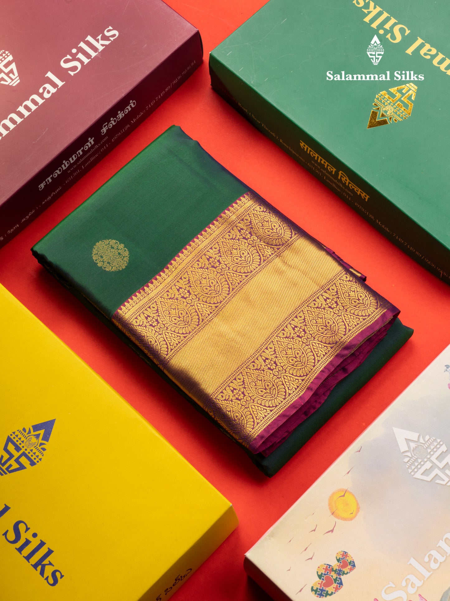 Peacock Green Pure Silk Mix Saree With Contrast Magenta Border
