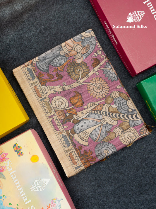 Purple Kalamkari Design Semi Tussar Fancy Saree With Contrast Sandal Blouse