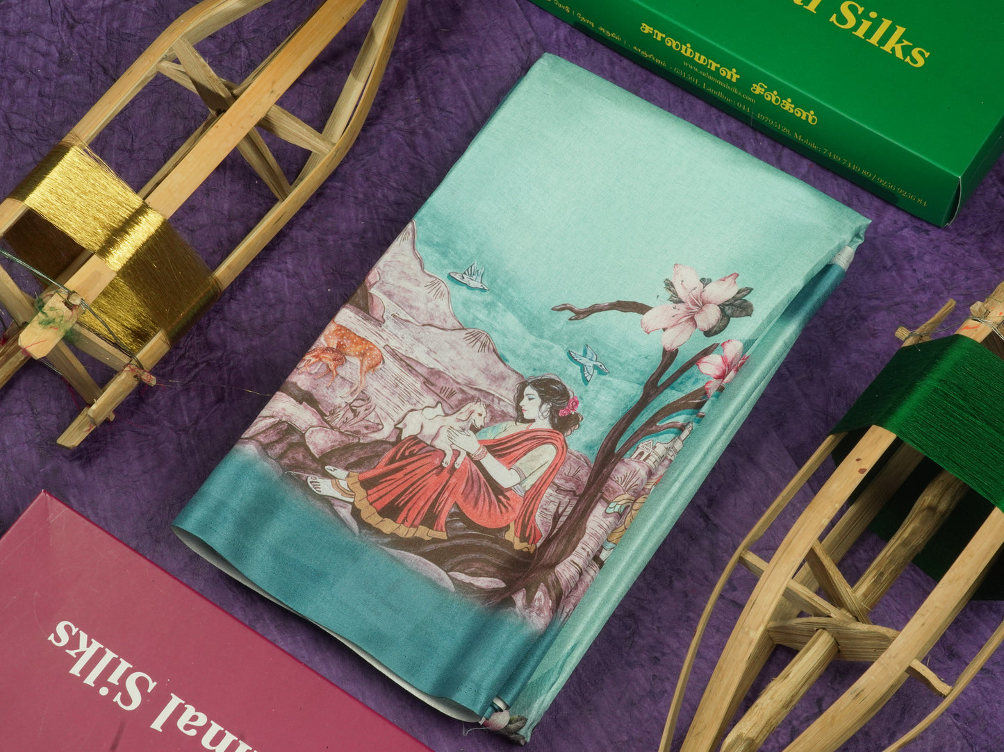 Sandal Printed Semi Tussar Saree With Village Theme Border